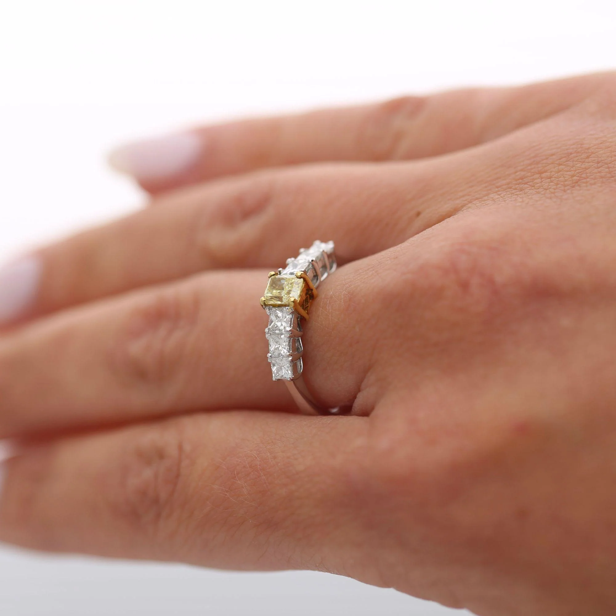 1.41 Carat Fancy Yellow Radiant & White Princess Diamond Illusion Band Ring - Image 6