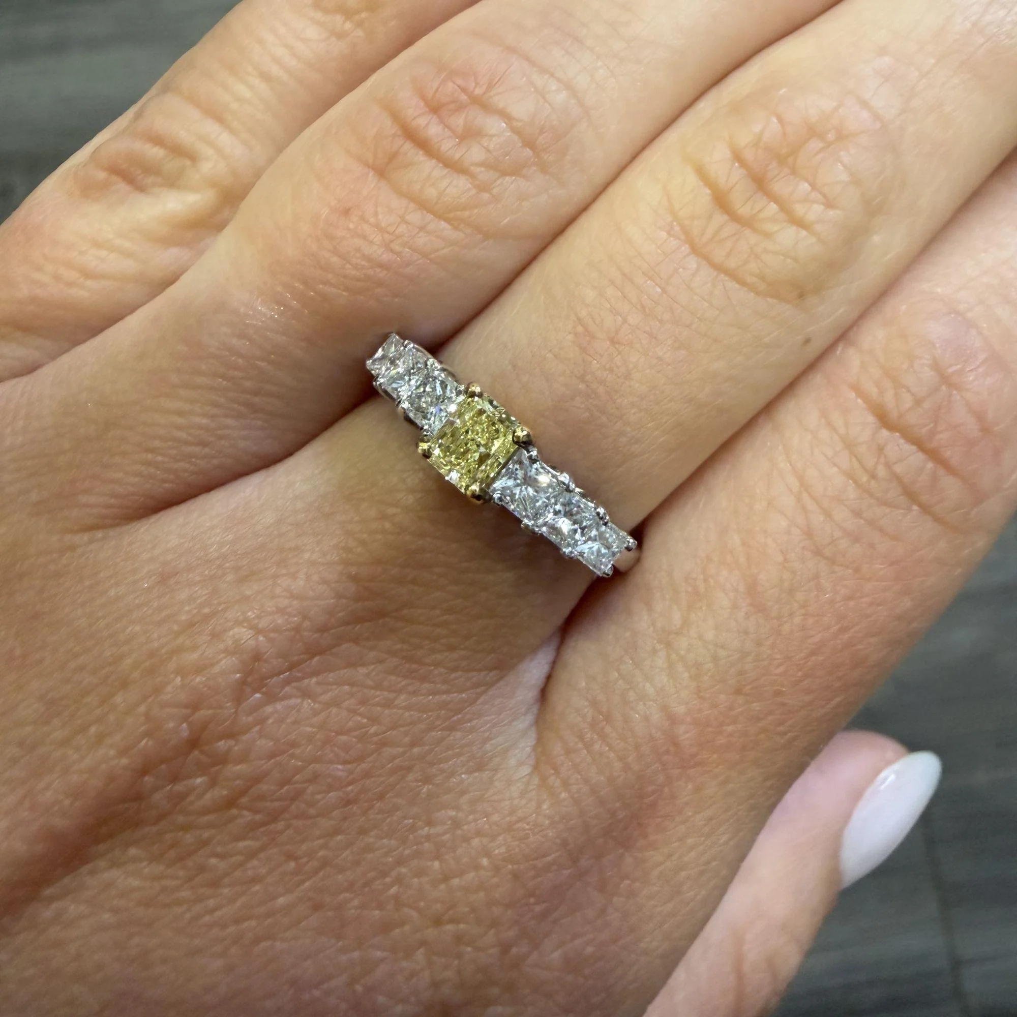 1.41 Carat Fancy Yellow Radiant & White Princess Diamond Illusion Band Ring - Image 9