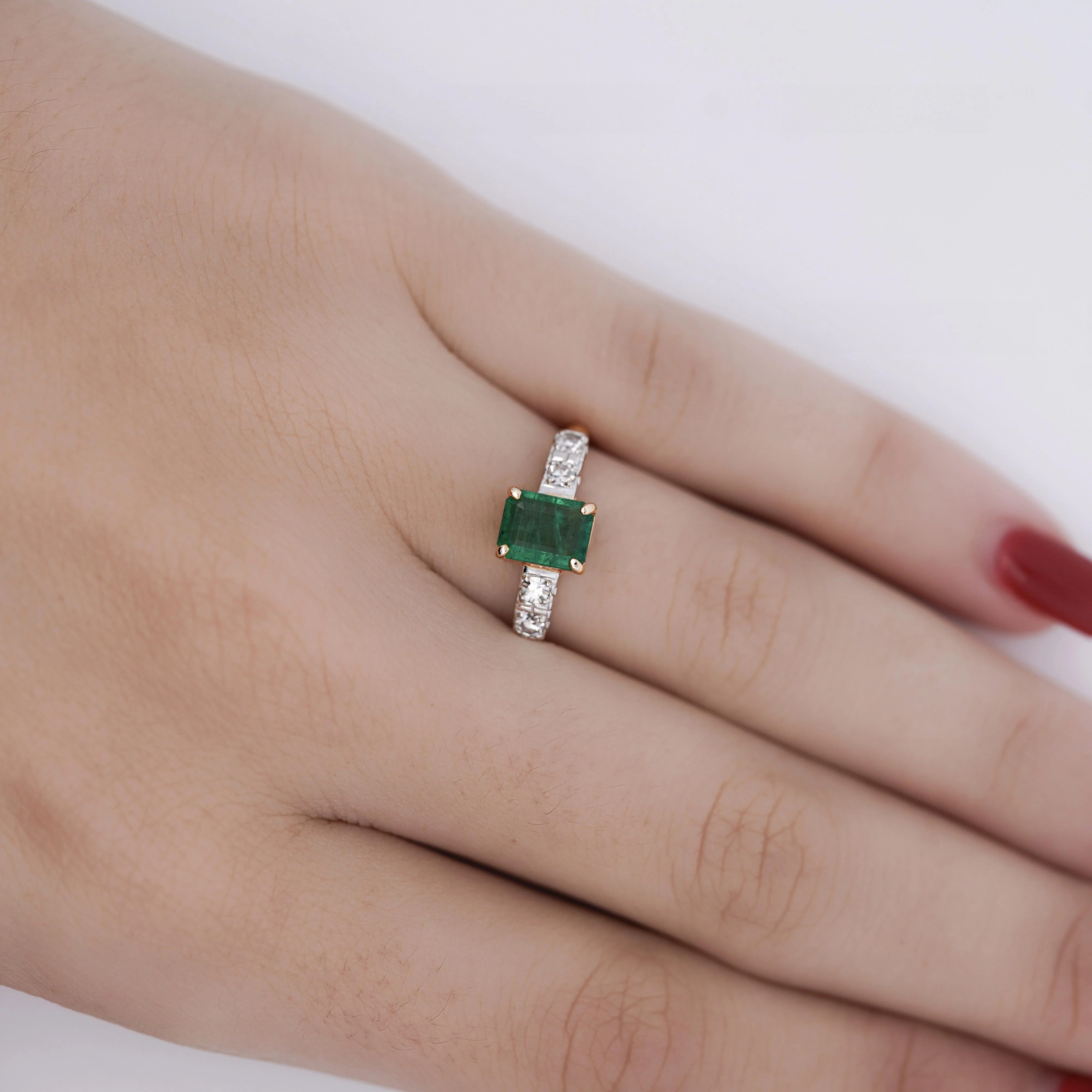 1.5 Carat Emerald and Old Cut Diamond 2 Piece Wedding Band and Ring Set - Image 3