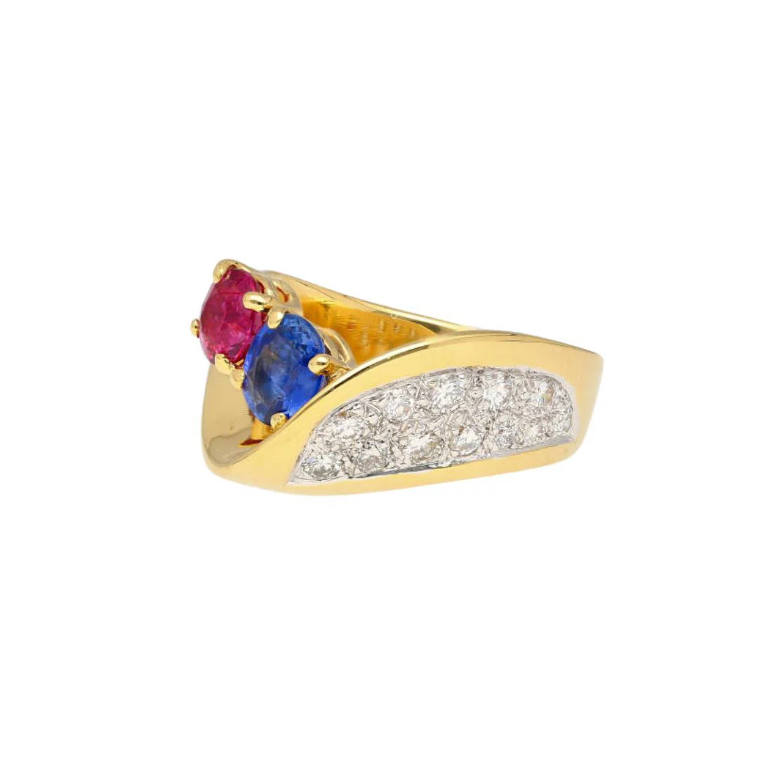 1.5 Carat Sapphire & Ruby with Diamond 18K Yellow Gold Crossover Statement Ring - Image 2