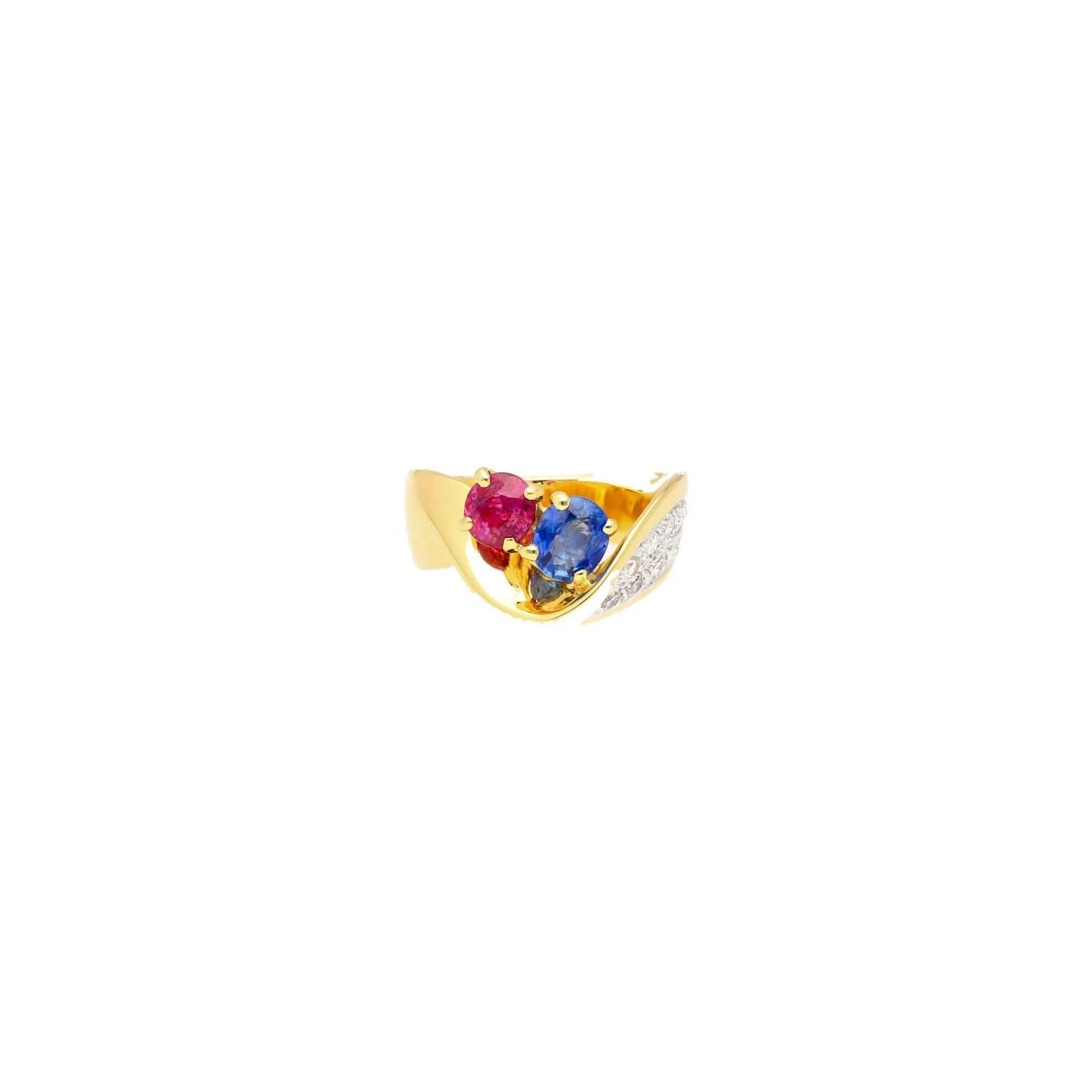 1.5 Carat Sapphire & Ruby with Diamond 18K Yellow Gold Crossover Statement Ring - Image 3