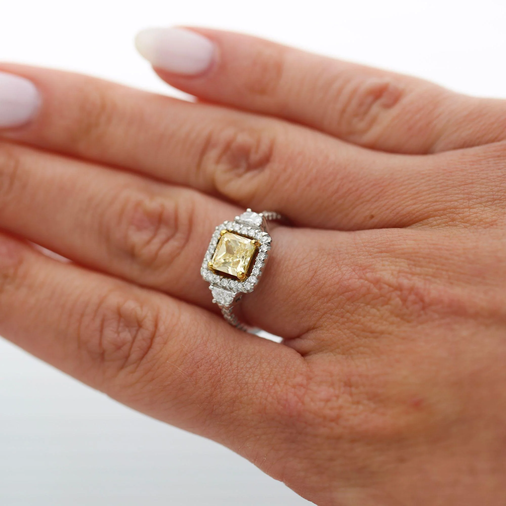 1.51 Carat Fancy Yellow Square Cut Diamond Halo 18K Gold Engagement Ring - Image 2