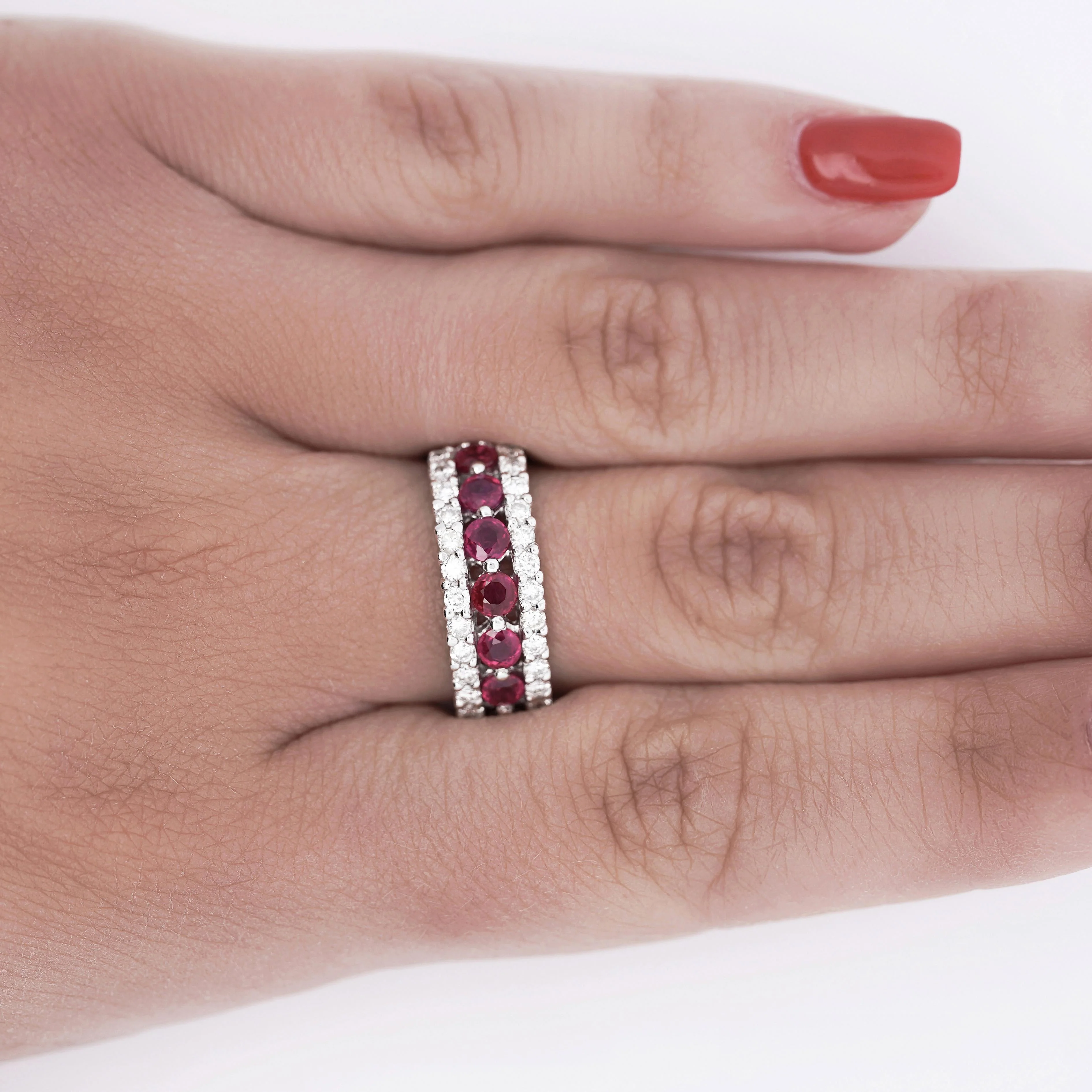 1.54 Carat Round Cut Ruby and Diamond Double-Row Eternity Band Ring - Image 2
