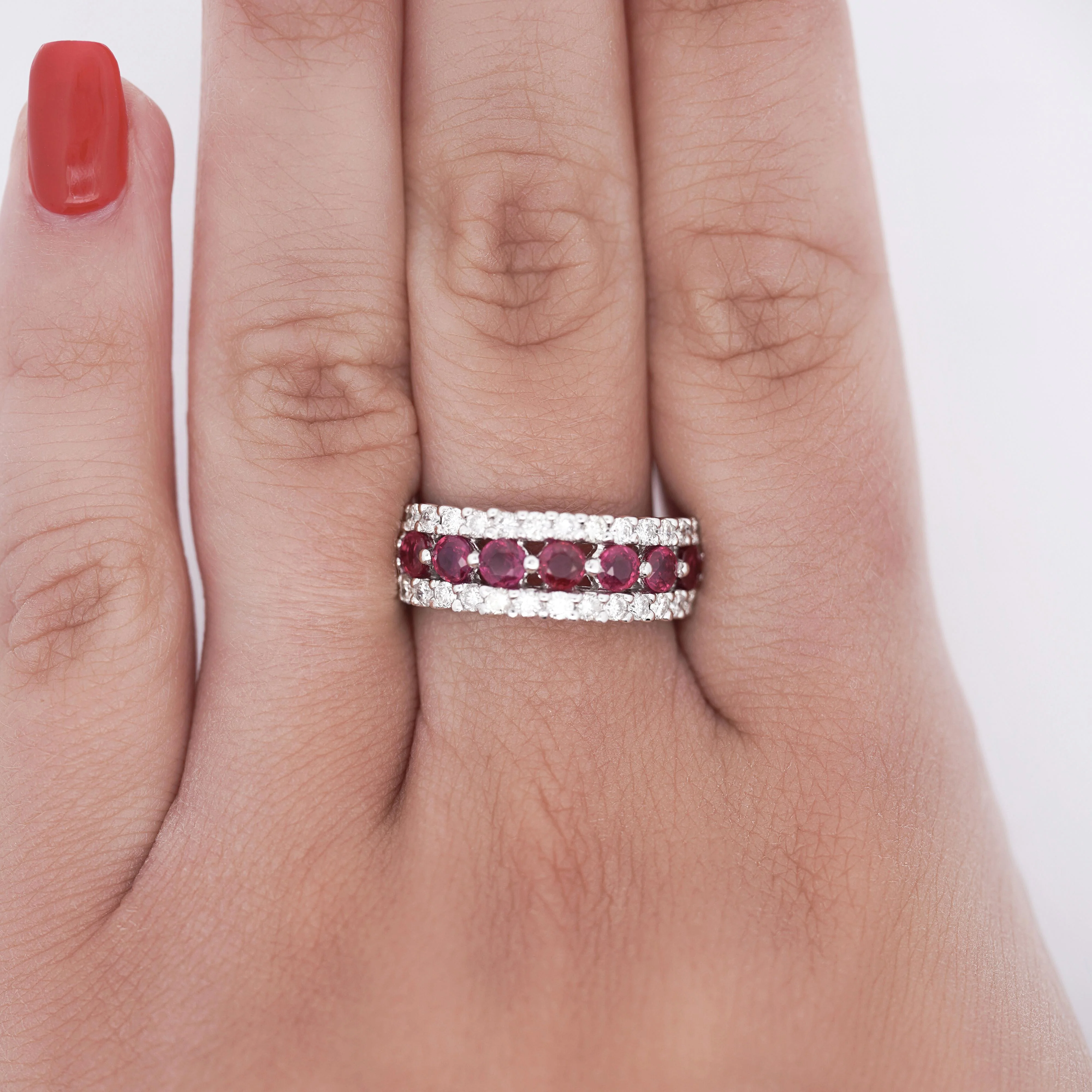 1.54 Carat Round Cut Ruby and Diamond Double-Row Eternity Band Ring - Image 3