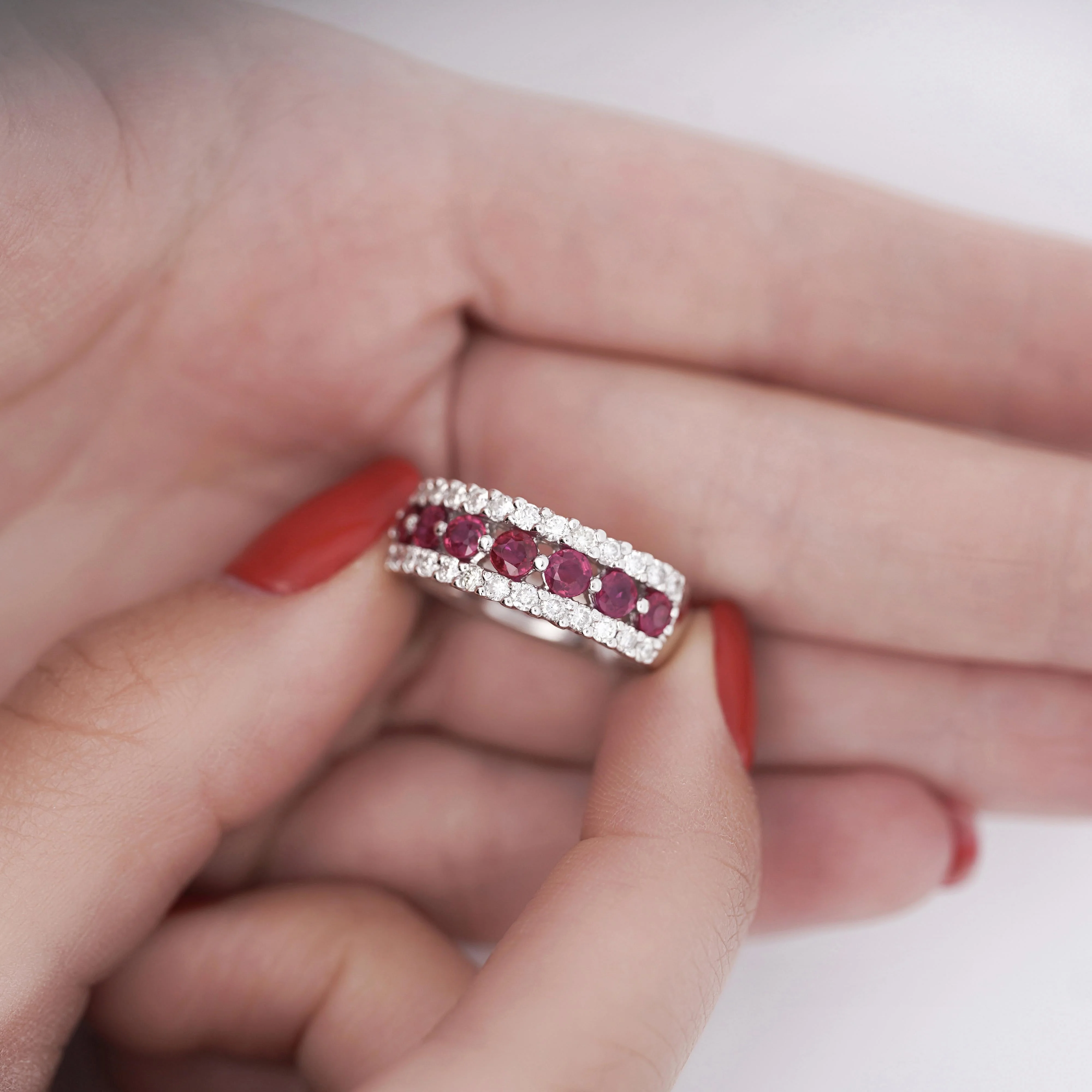 1.54 Carat Round Cut Ruby and Diamond Double-Row Eternity Band Ring - Image 5