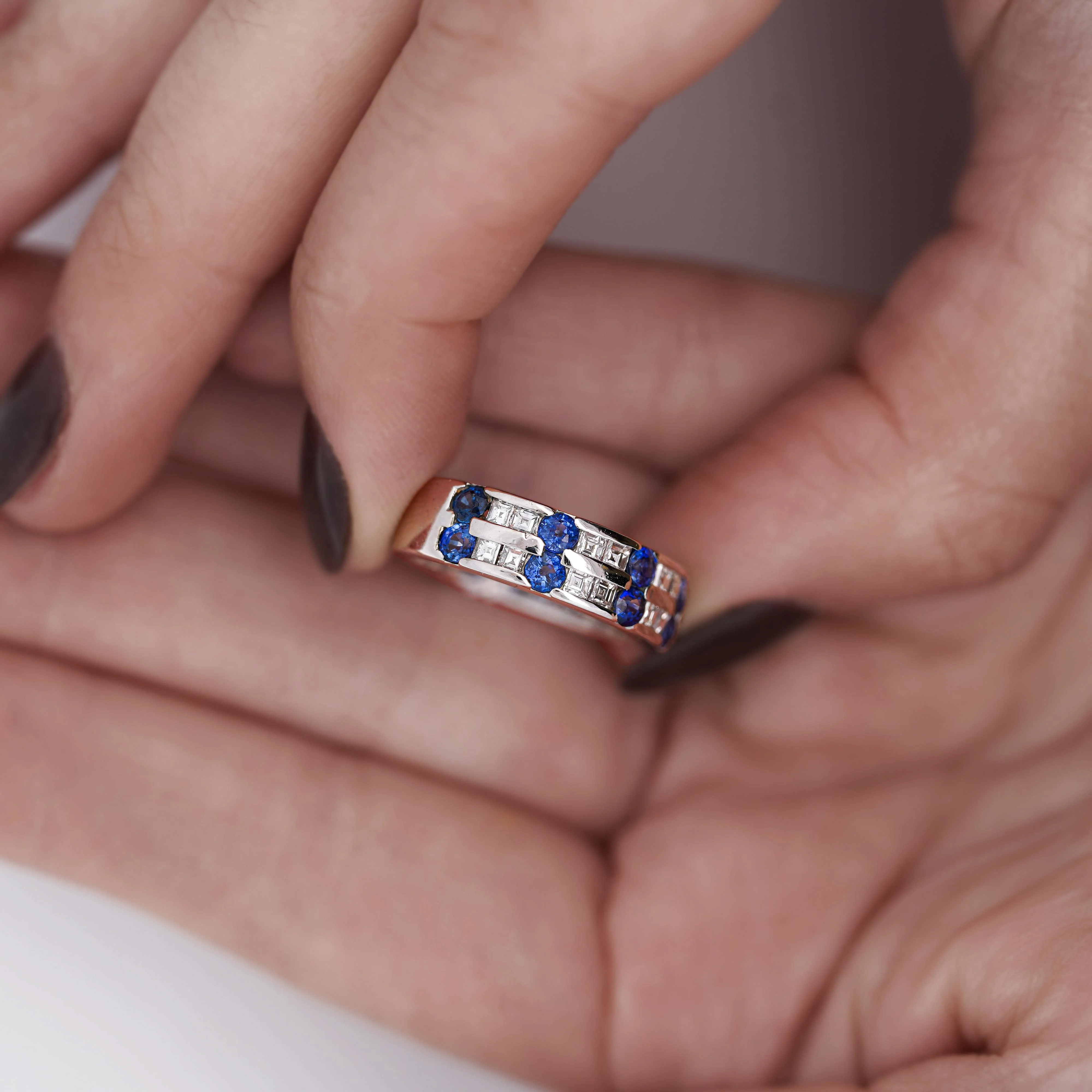 1.58 Carat Blue Round Sapphire & Baguette Diamond Platinum 6MM Band Ring - Image 2