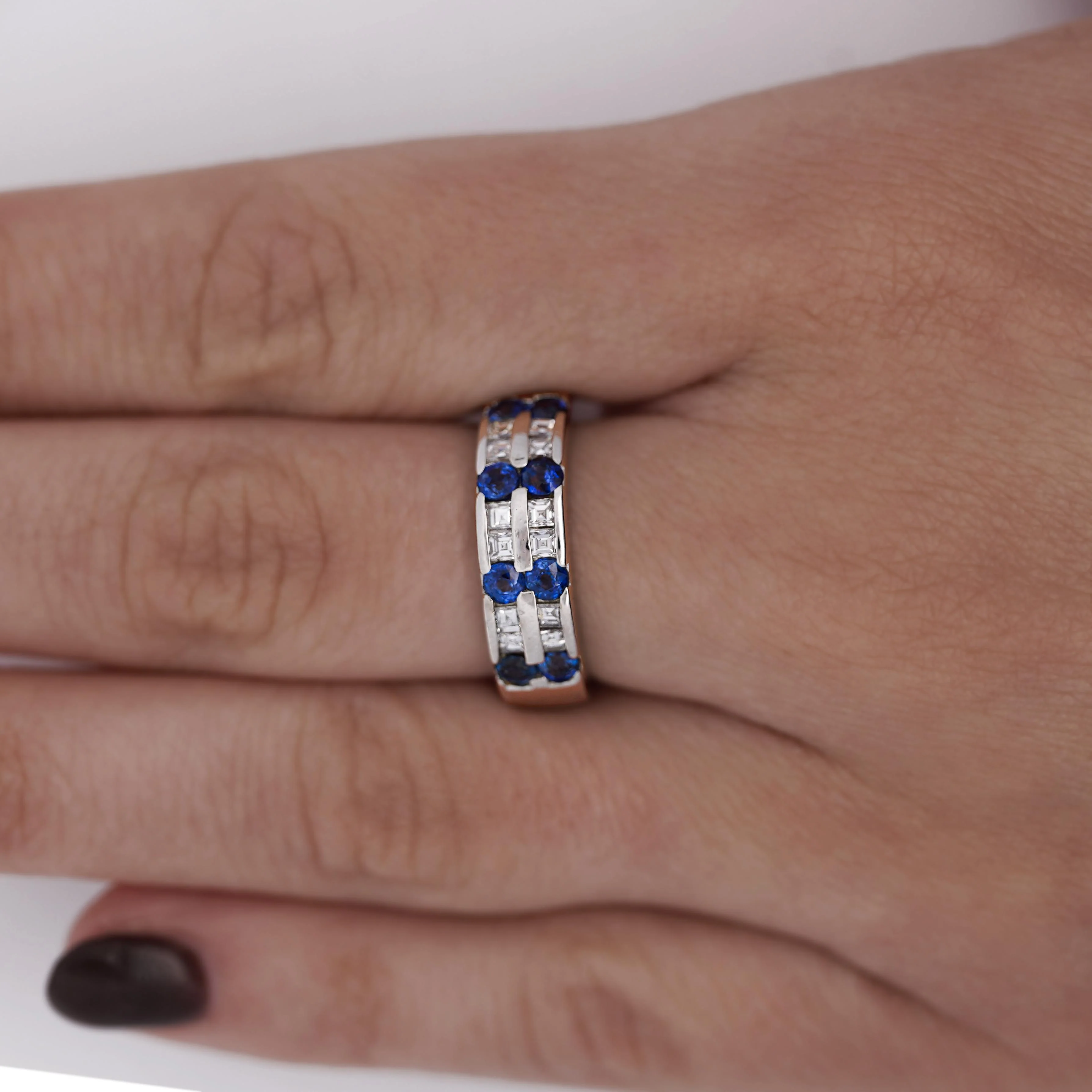 1.58 Carat Blue Round Sapphire & Baguette Diamond Platinum 6MM Band Ring - Image 3