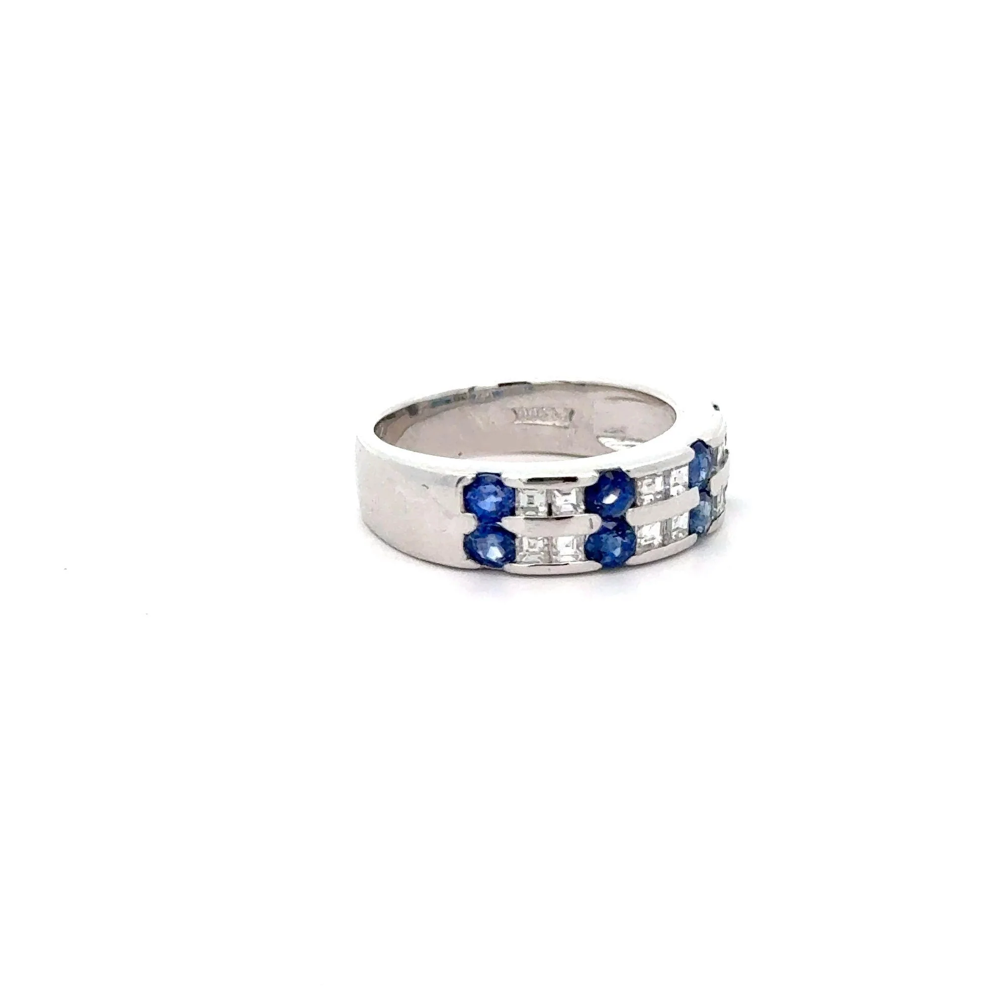1.58 Carat Blue Round Sapphire & Baguette Diamond Platinum 6MM Band Ring - Image 6