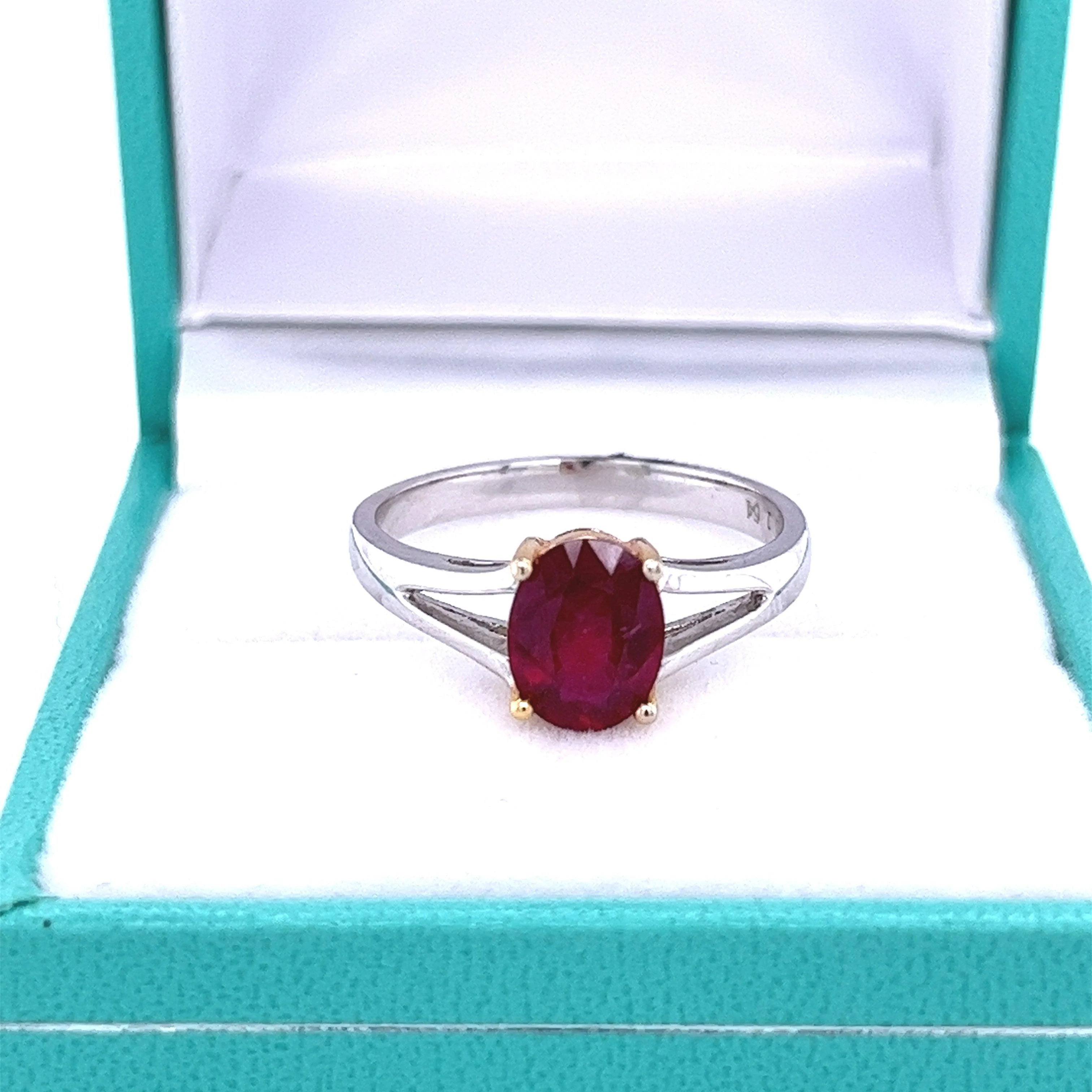 1.64 Carat Oval Cut Ruby Solitaire Split Shank 14K White Gold Ring - Image 3