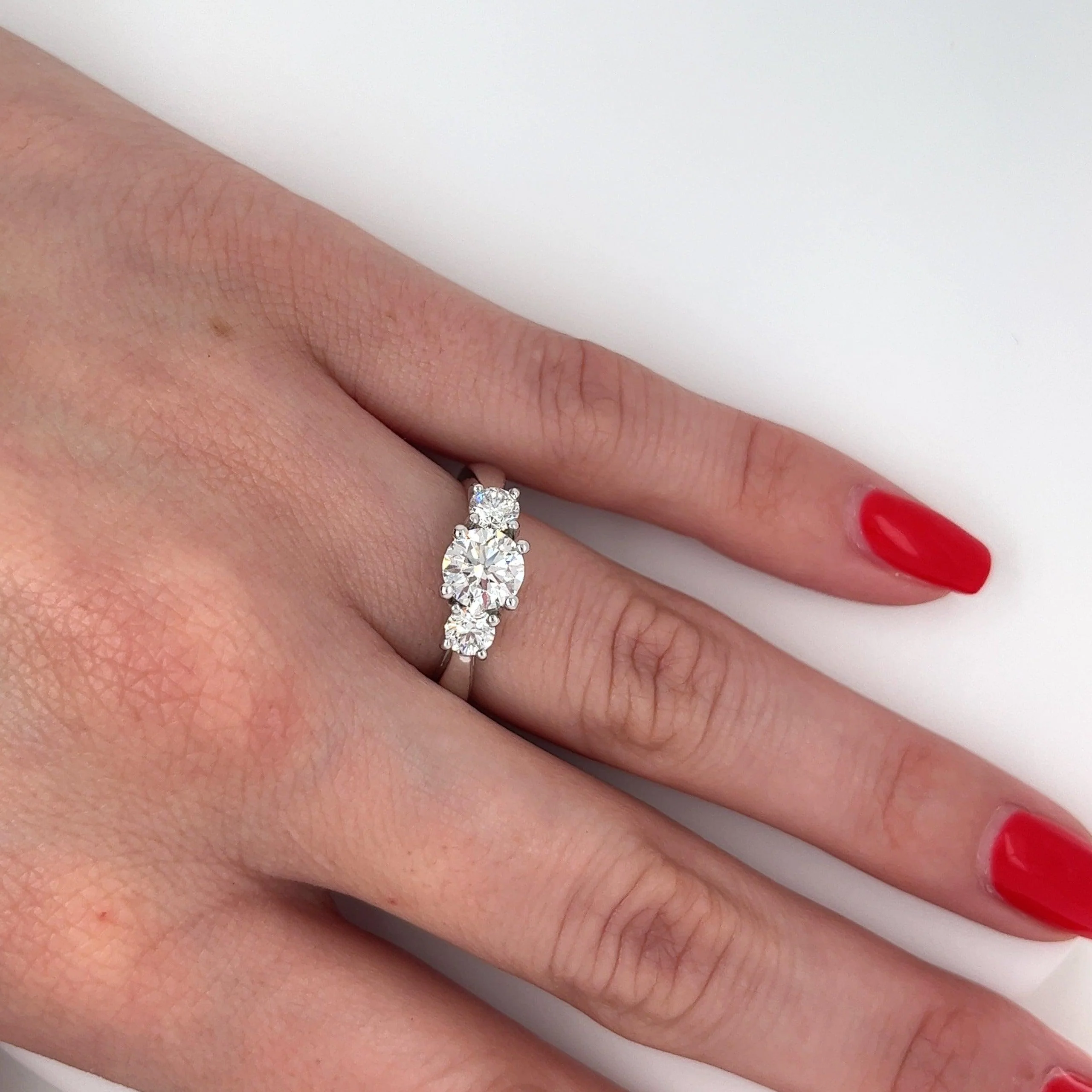 1.69 Carat 3 Stone Round Cut Lab Grown Diamond CVD Engagement Ring in Platinum Setting - Image 3