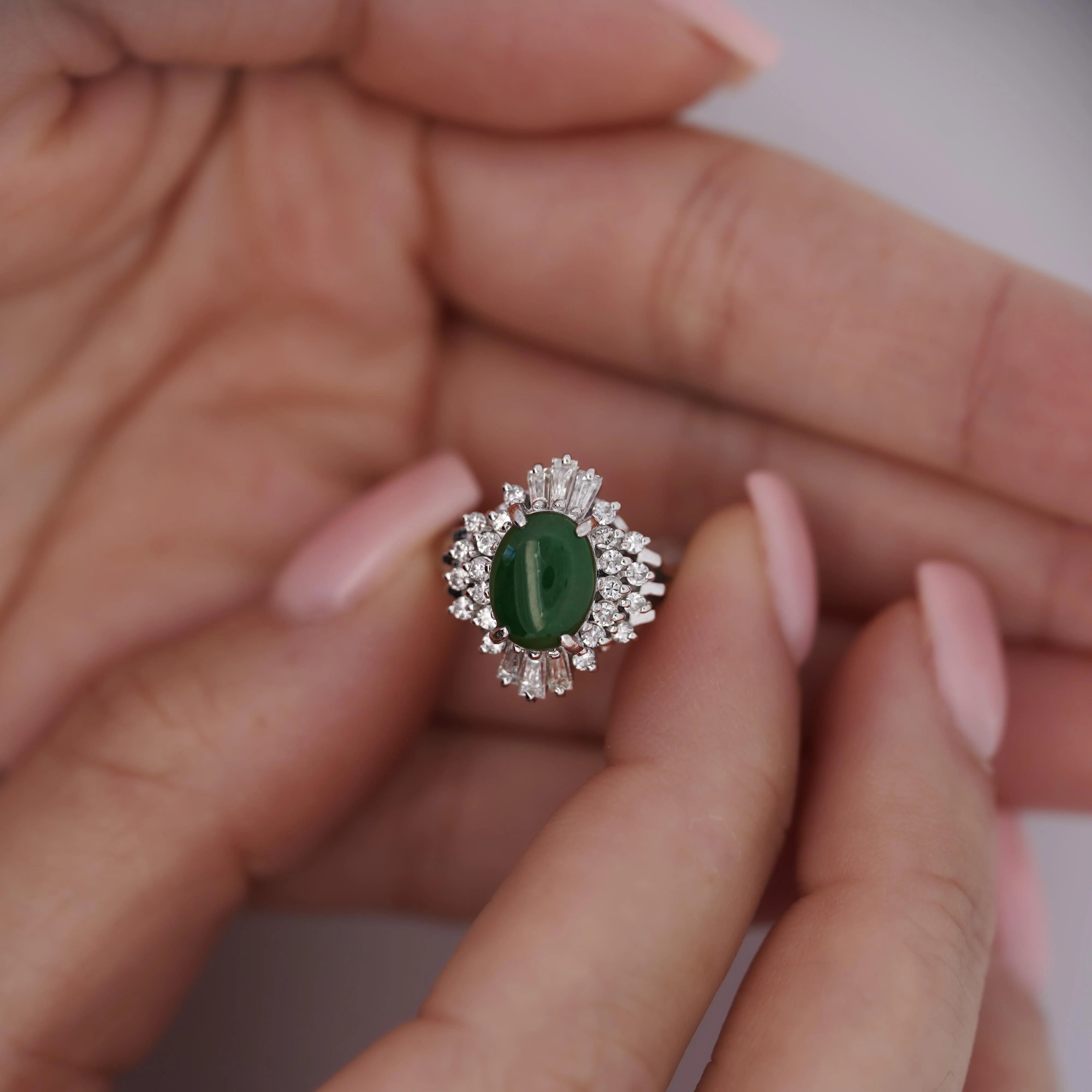 1.73 Carat Jadeite Jade Fei Cui & Diamond Halo Platinum Ballerina Filigree Ring - Image 3