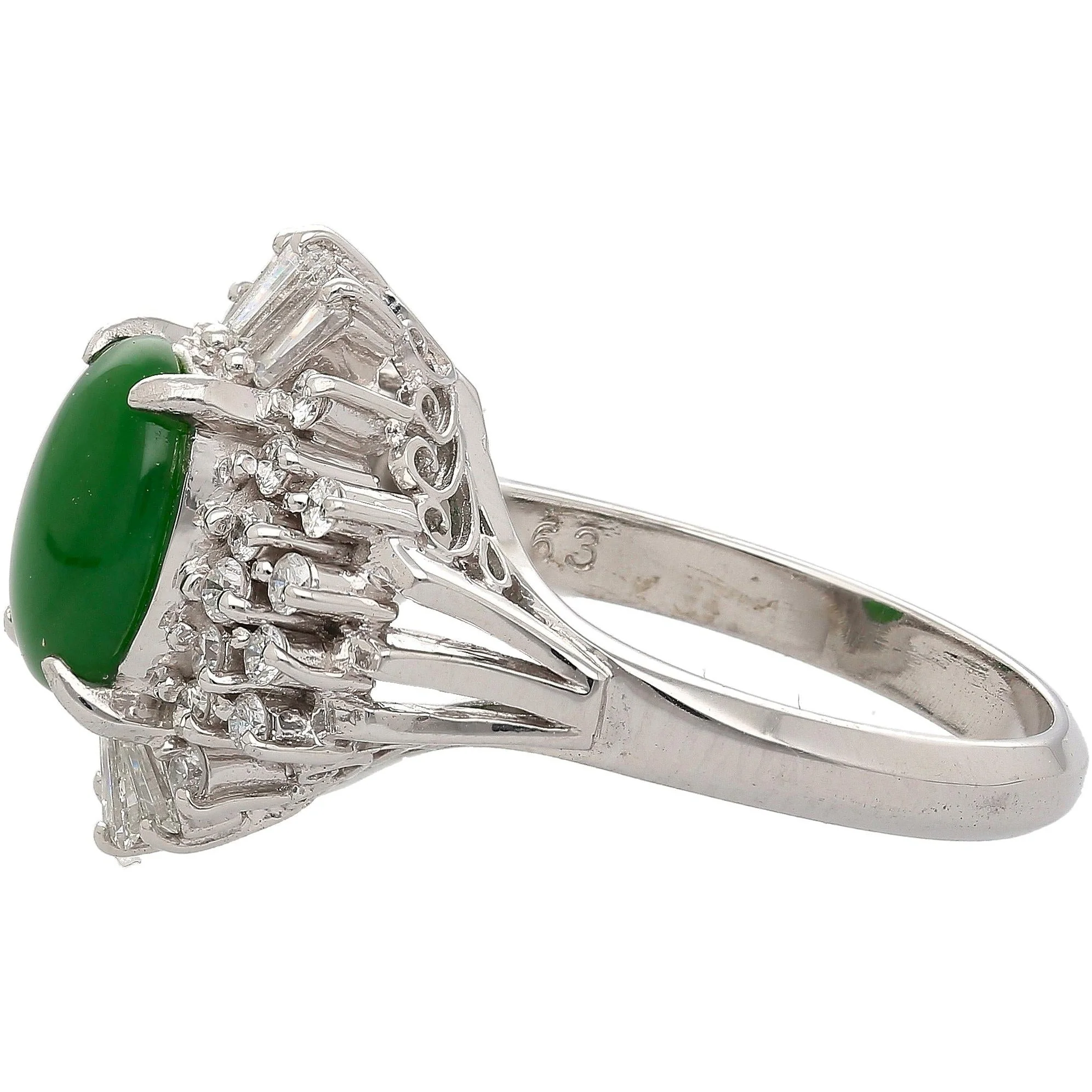 1.73 Carat Jadeite Jade Fei Cui & Diamond Halo Platinum Ballerina Filigree Ring - Image 5