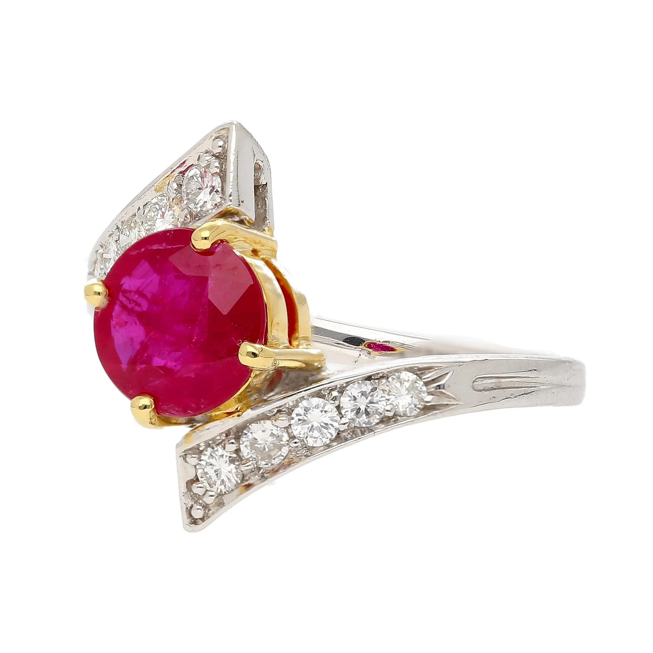 1.8 Carat Round Ruby Diamond Platinum and 18K Gold Bypass Ring - Image 3