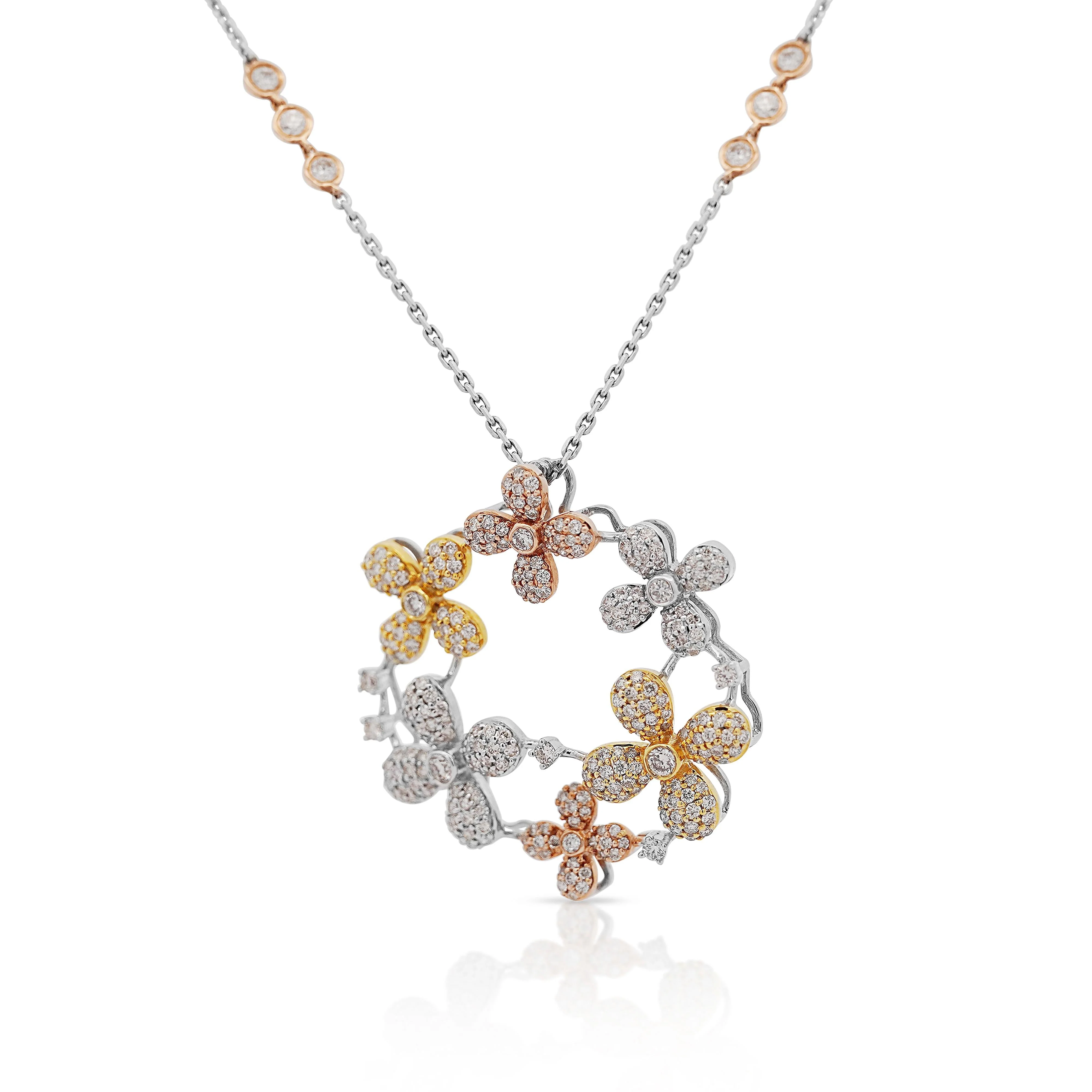 1.81 Carat Round Diamond in 14K Tri-Color Gold Flower Wreath Pendant Necklace - Image 4