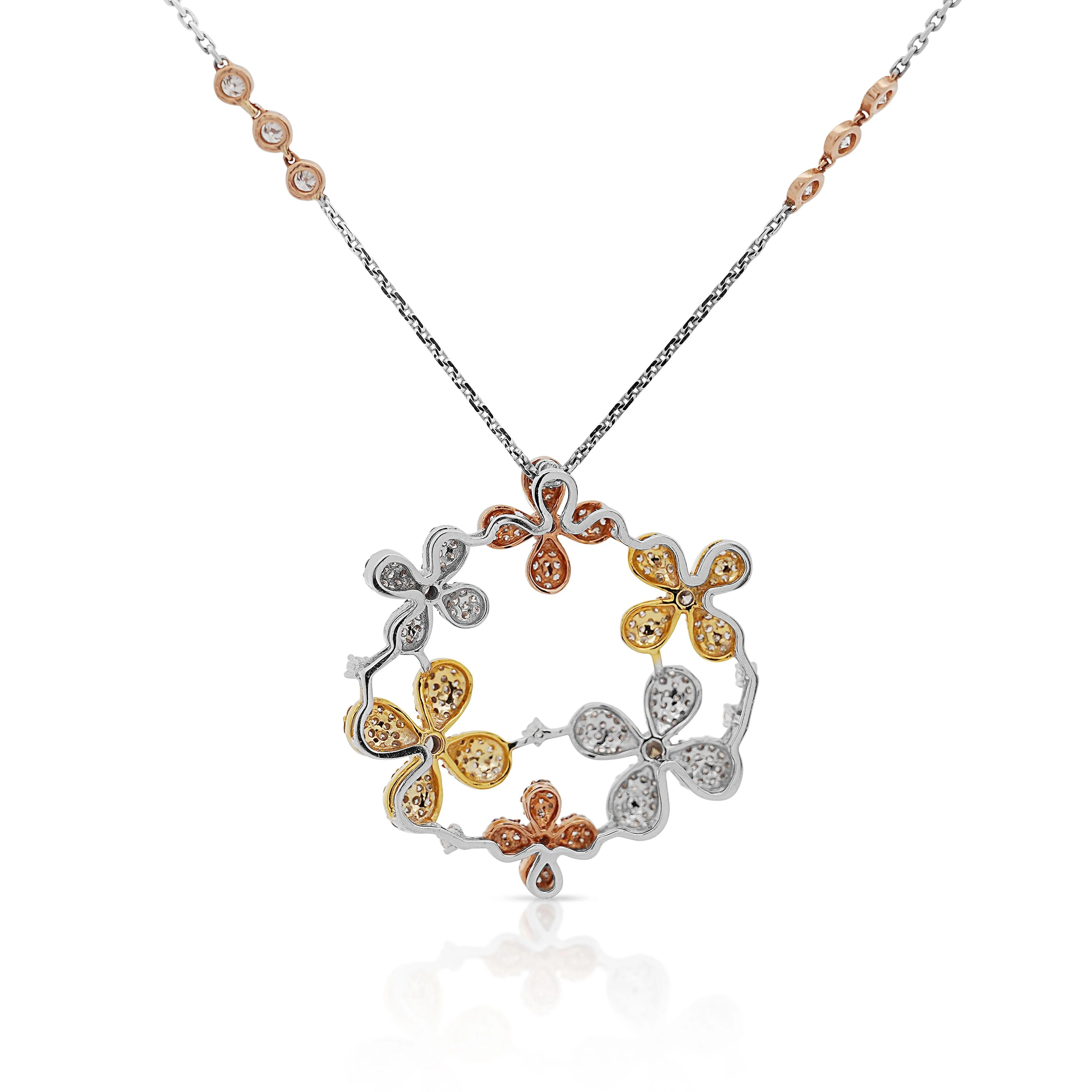 1.81 Carat Round Diamond in 14K Tri-Color Gold Flower Wreath Pendant Necklace - Image 5