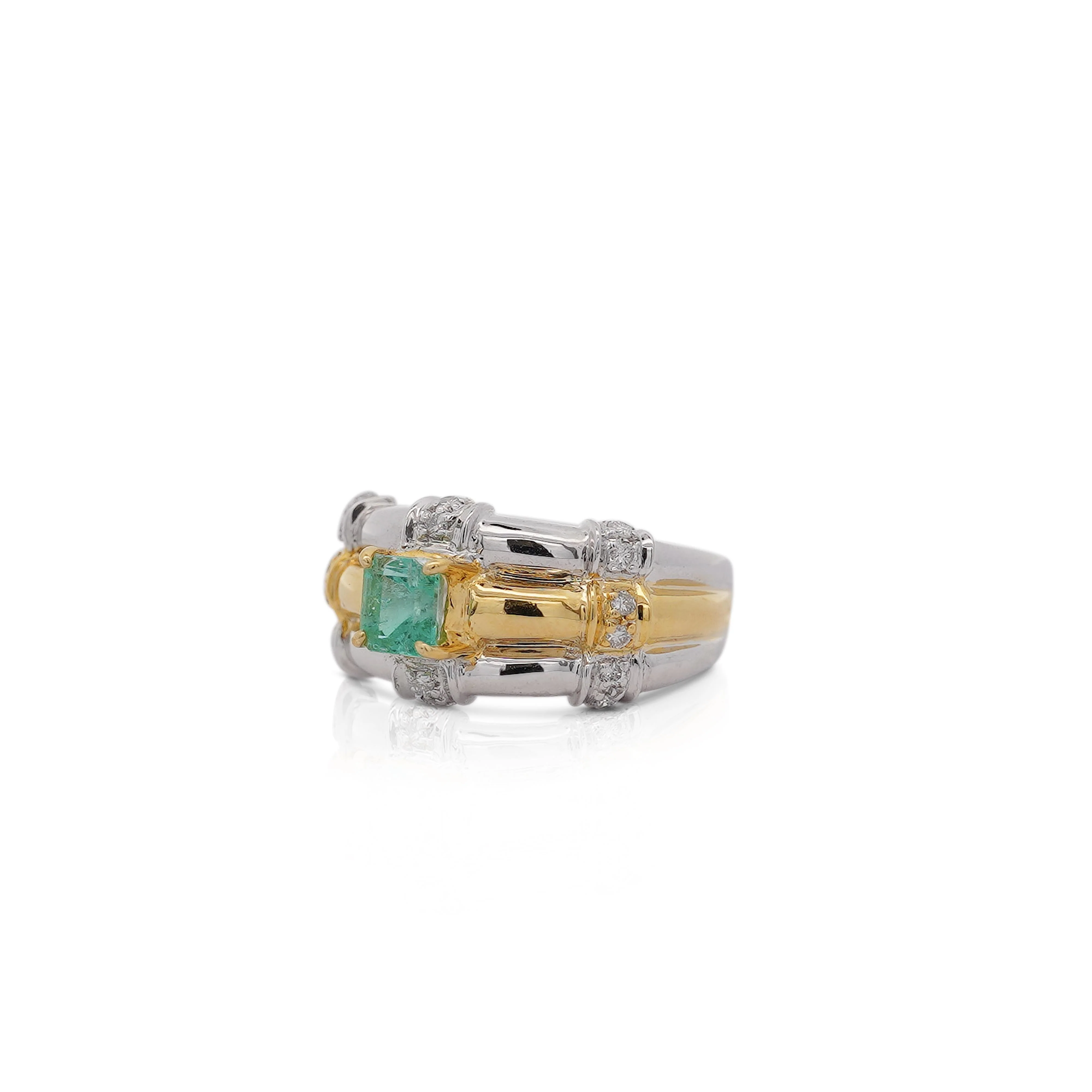 1 Carat Square Cut Emerald and Diamond Platinum & 18K Gold Ribbed Ring - Image 6