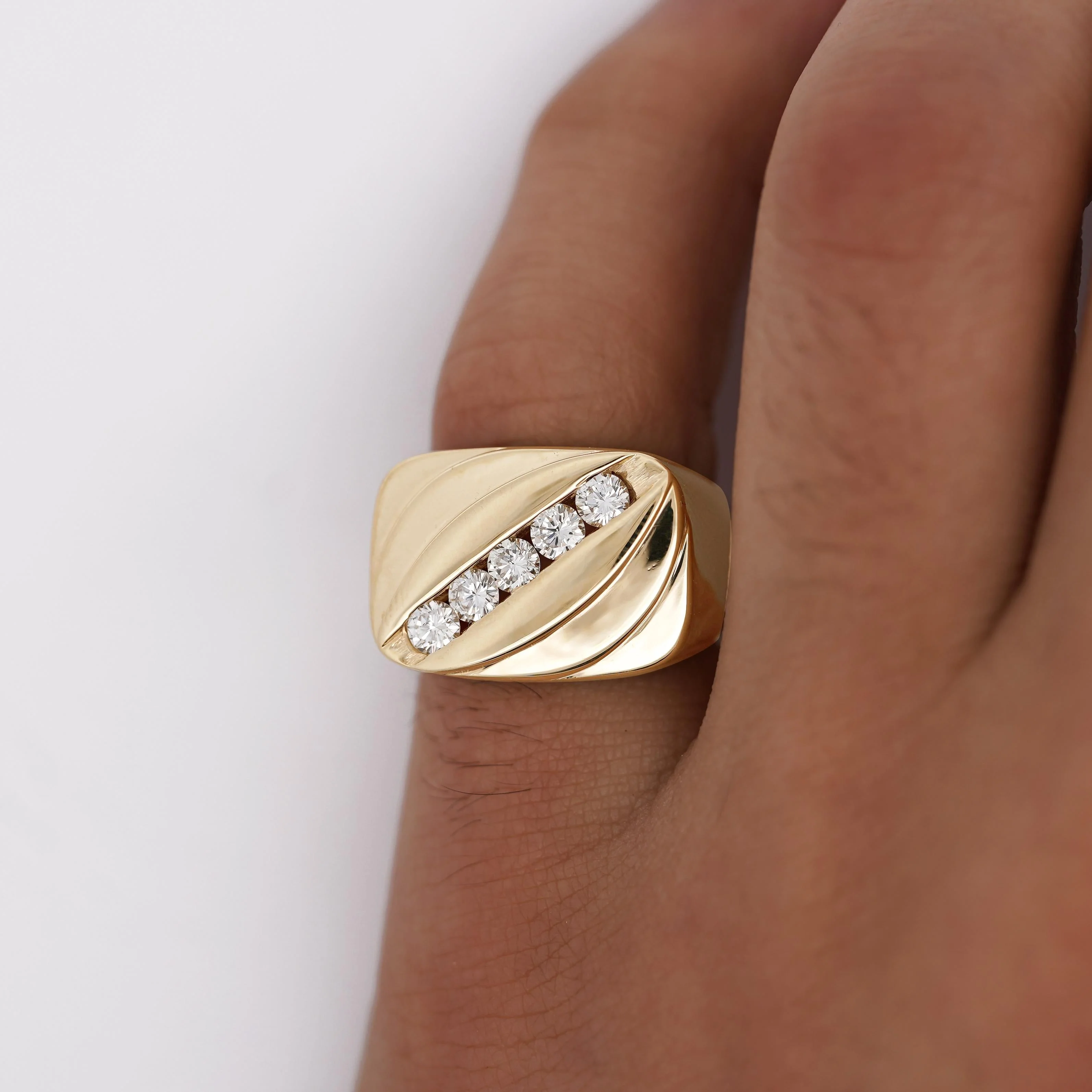 1 Carat Diagonal Diamond Channel Set 14K Gold Vintage Mens Ring - Image 2