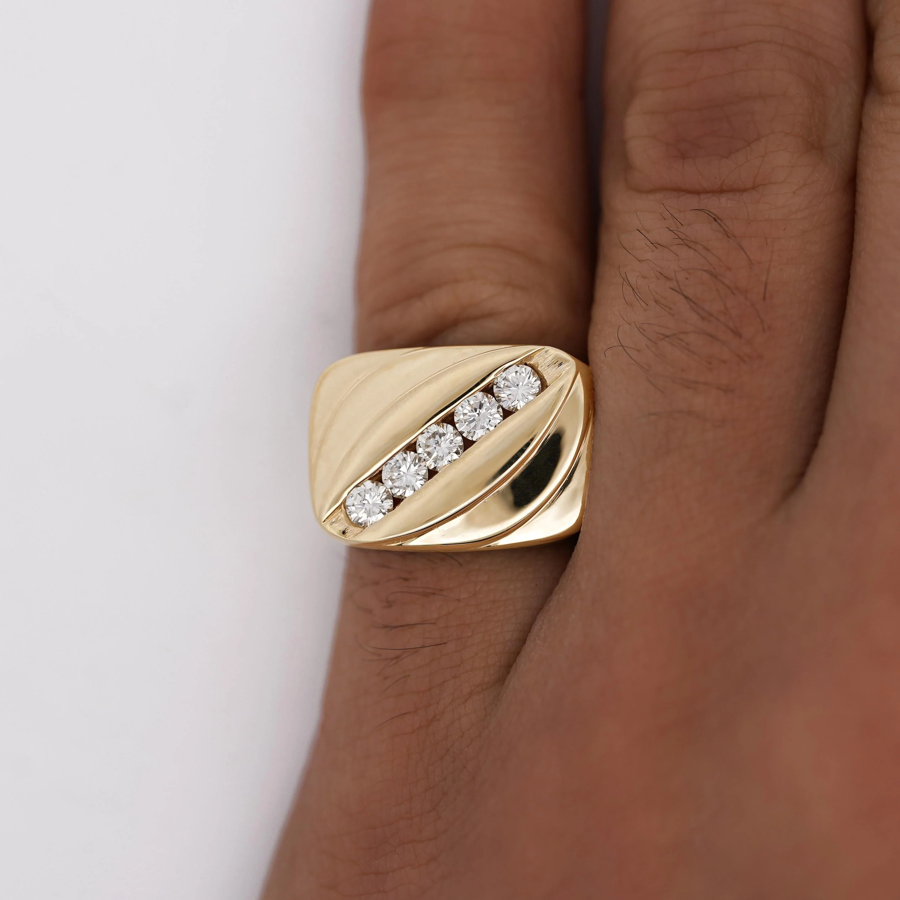 1 Carat Diagonal Diamond Channel Set 14K Gold Vintage Mens Ring - Image 3