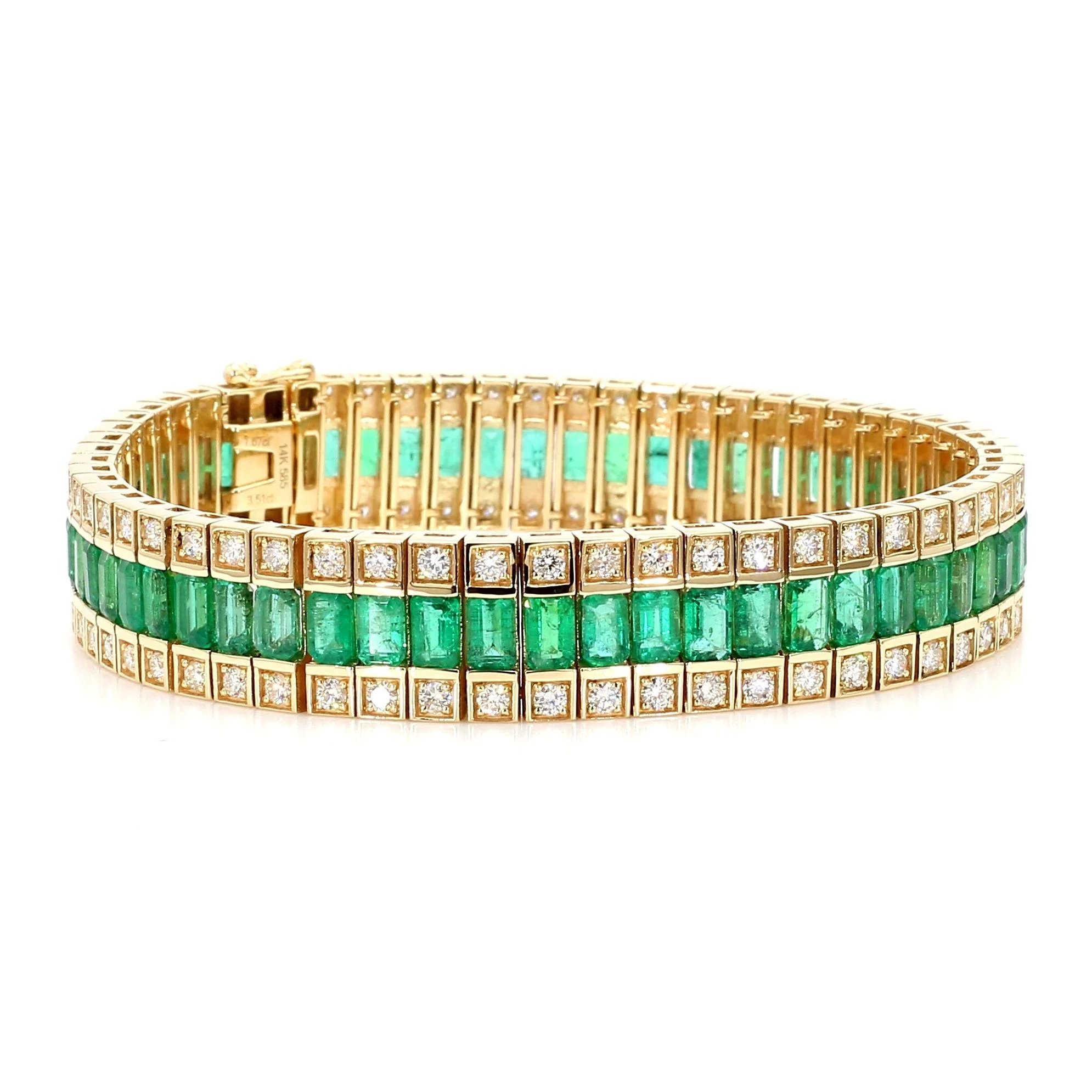 10.18 Carat Emerald and Diamond Baguette 14K Gold Three Row Bracelet - Image 4
