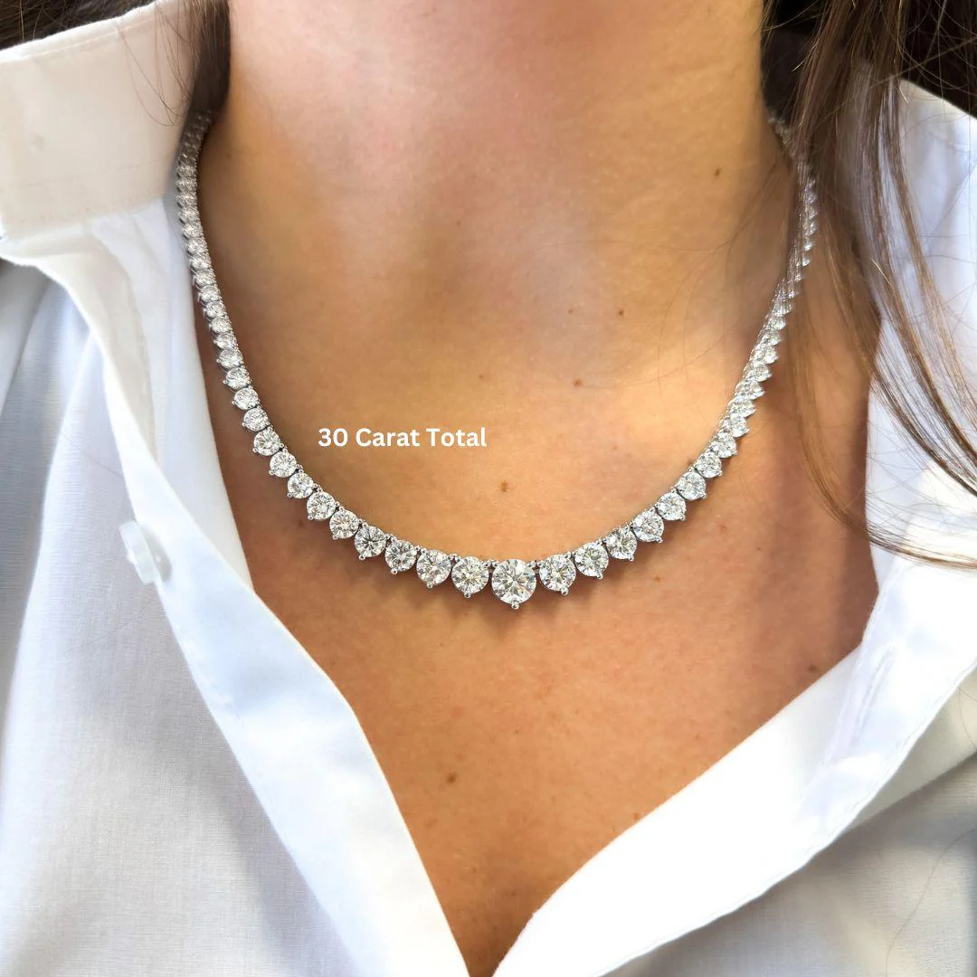 10-30 Carat Total Diamond 14K White Gold Graduating Riviera Tennis Necklace - Image 11