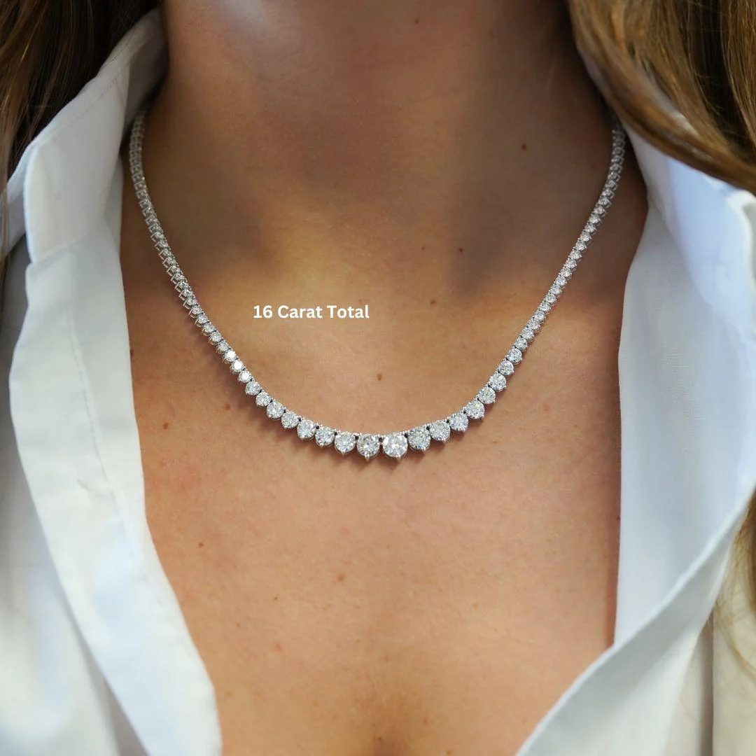 10-30 Carat Total Diamond 14K White Gold Graduating Riviera Tennis Necklace - Image 9