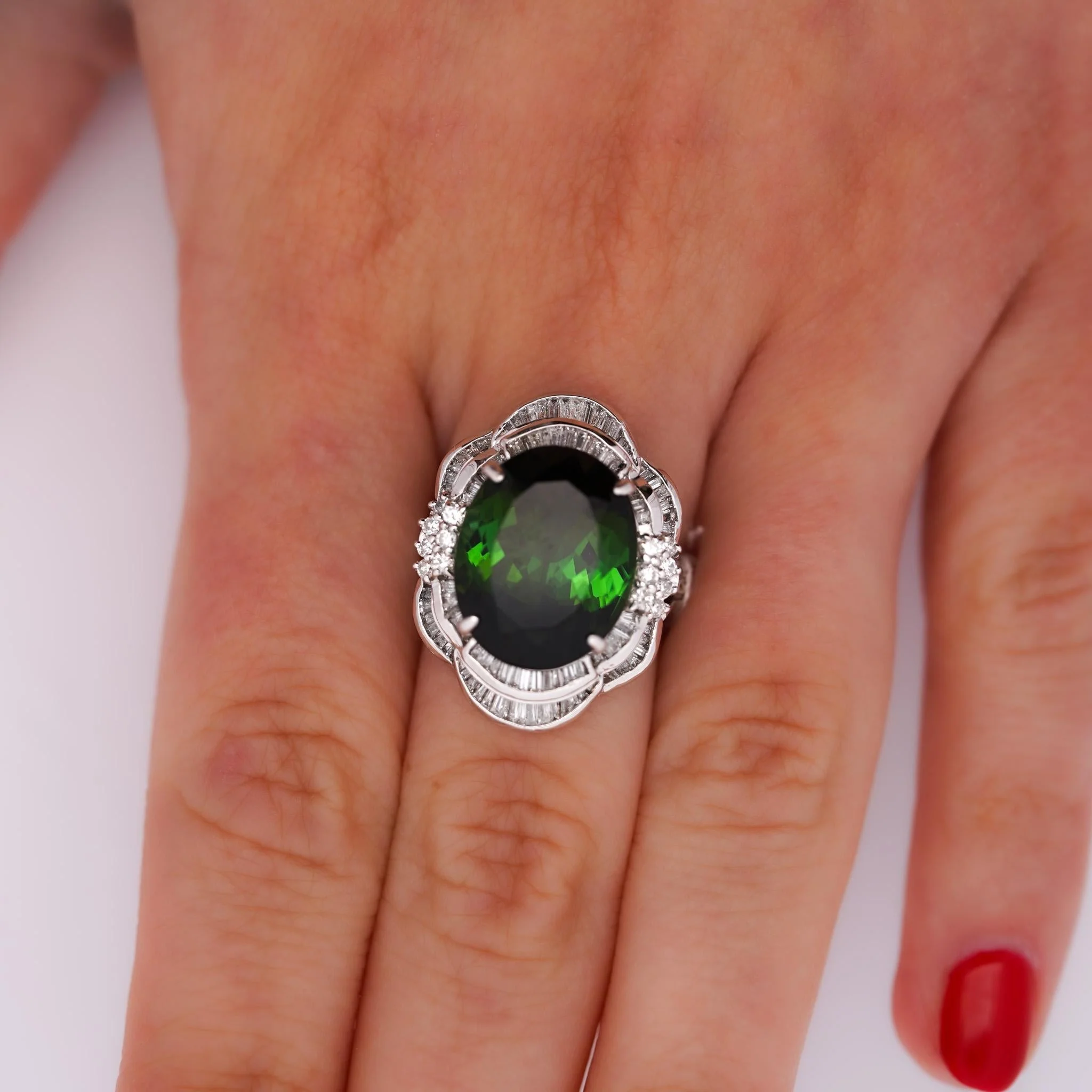 GIA Certified 10.47 Carat Green Oval Cut Tourmaline & Diamond in Platinum Cocktail Ring - Image 10