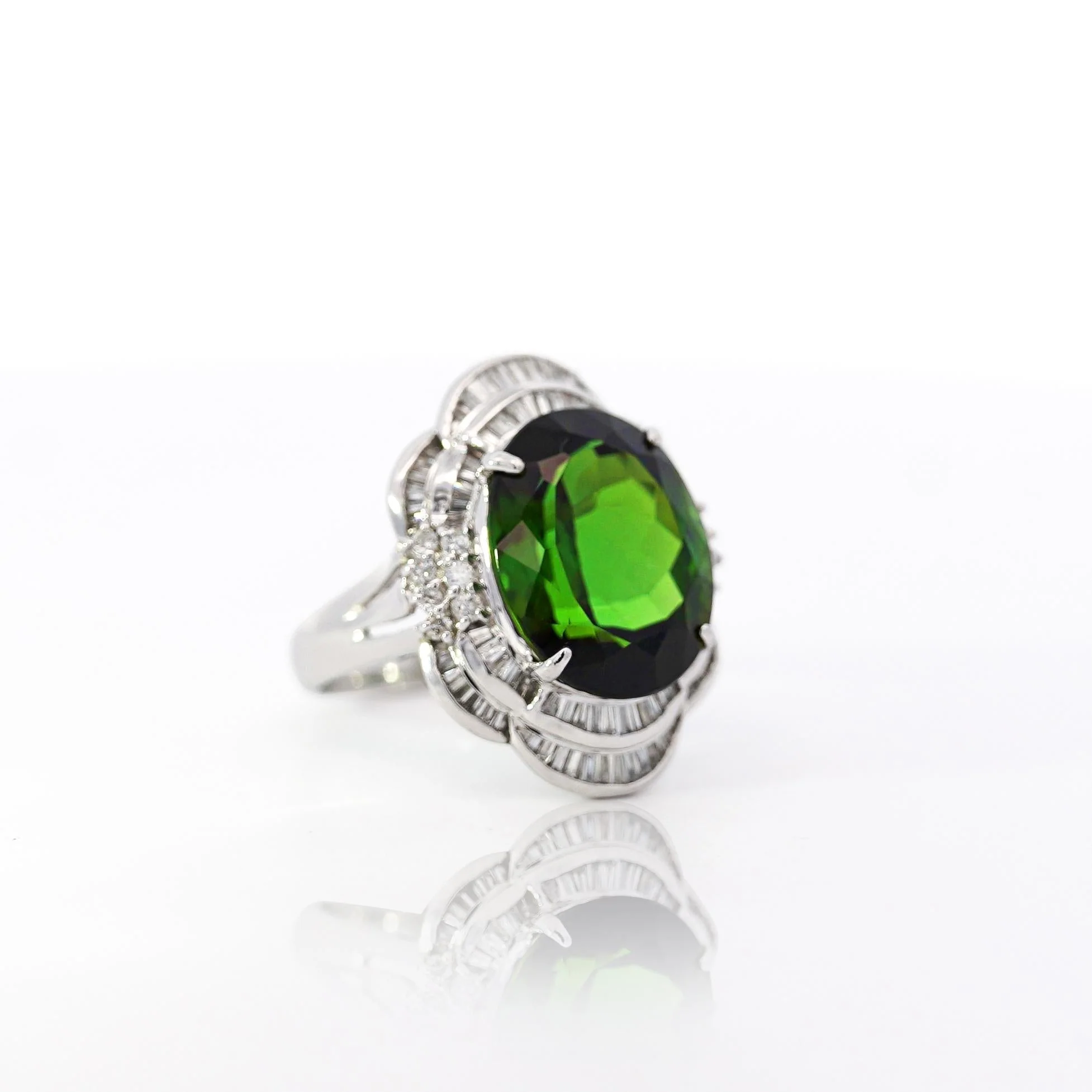 GIA Certified 10.47 Carat Green Oval Cut Tourmaline & Diamond in Platinum Cocktail Ring - Image 3