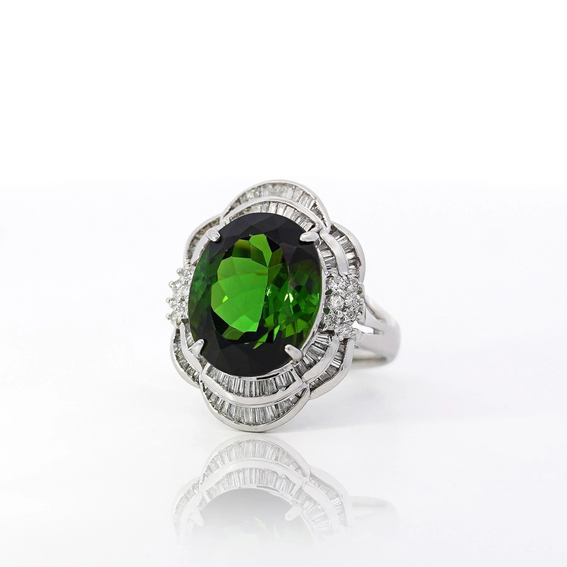 GIA Certified 10.47 Carat Green Oval Cut Tourmaline & Diamond in Platinum Cocktail Ring - Image 4
