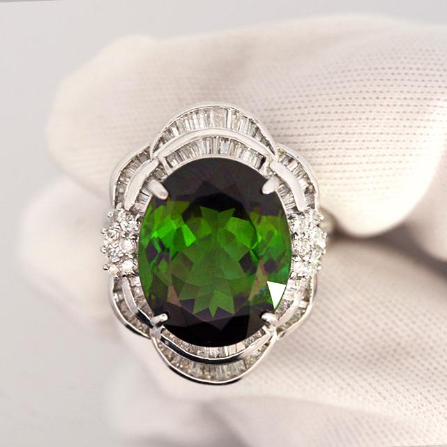 GIA Certified 10.47 Carat Green Oval Cut Tourmaline & Diamond in Platinum Cocktail Ring - Image 7