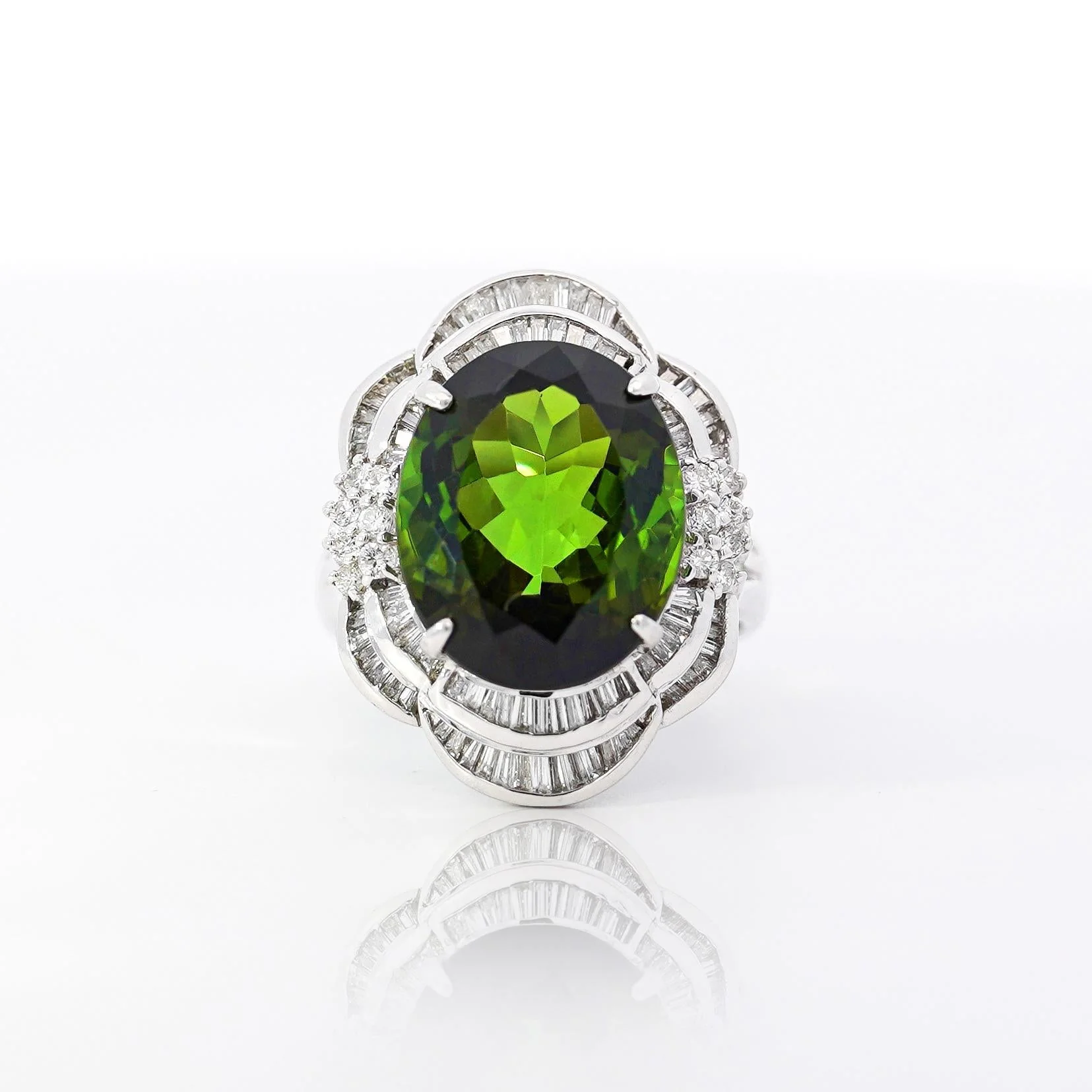 GIA Certified 10.47 Carat Green Oval Cut Tourmaline & Diamond in Platinum Cocktail Ring - Image 8