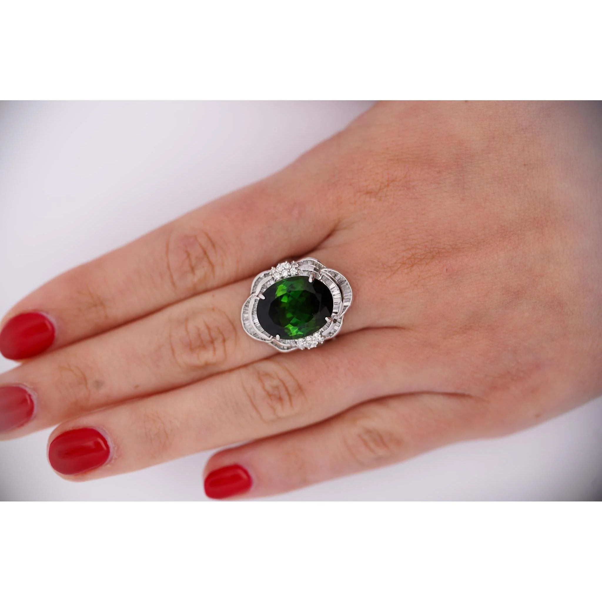 GIA Certified 10.47 Carat Green Oval Cut Tourmaline & Diamond in Platinum Cocktail Ring - Image 9