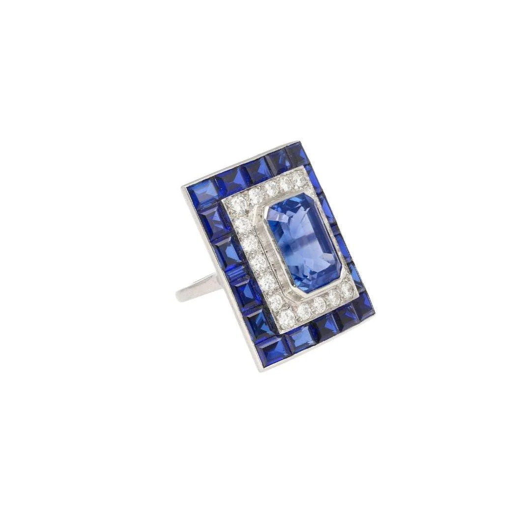 10.82 Carat No Heat Ceylon Blue Sapphire and Diamond Vintage Art Deco Platinum Ring | AGL & GIA Certified - Image 2