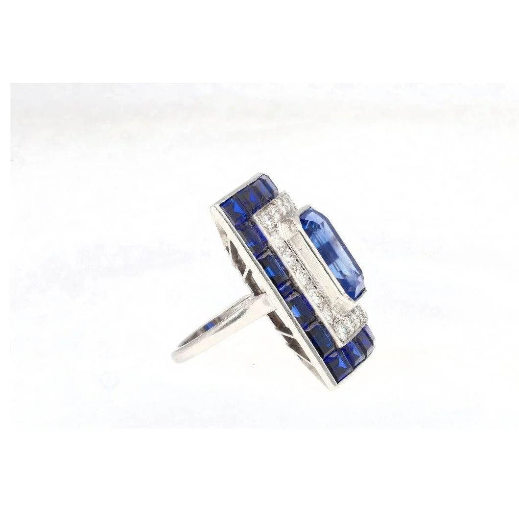 10.82 Carat No Heat Ceylon Blue Sapphire and Diamond Vintage Art Deco Platinum Ring | AGL & GIA Certified - Image 3