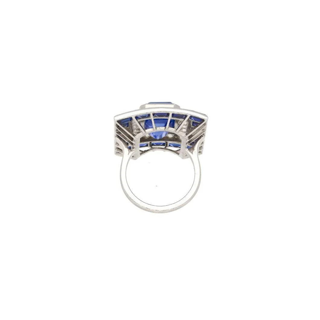 10.82 Carat No Heat Ceylon Blue Sapphire and Diamond Vintage Art Deco Platinum Ring | AGL & GIA Certified - Image 4