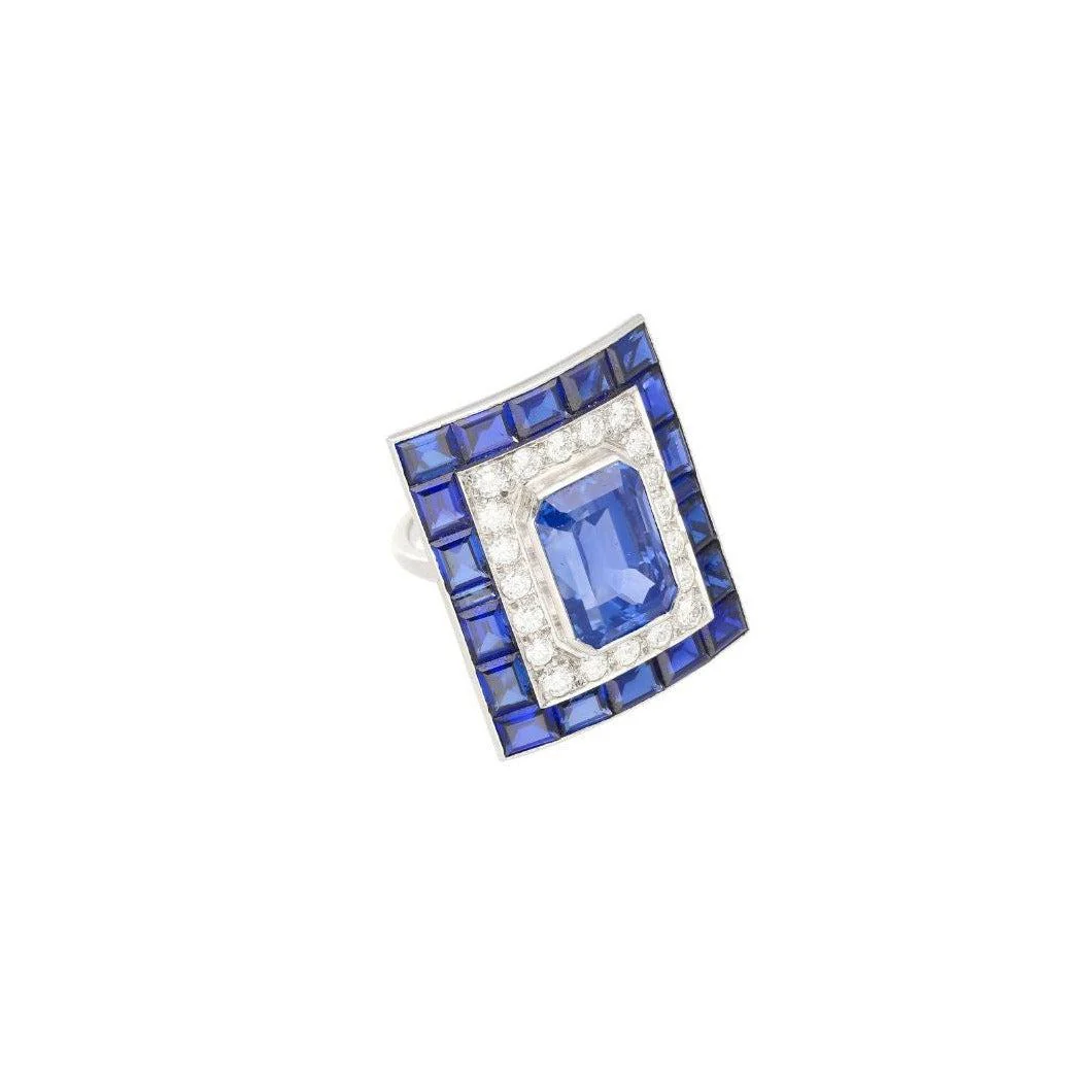 10.82 Carat No Heat Ceylon Blue Sapphire and Diamond Vintage Art Deco Platinum Ring | AGL & GIA Certified - Image 5