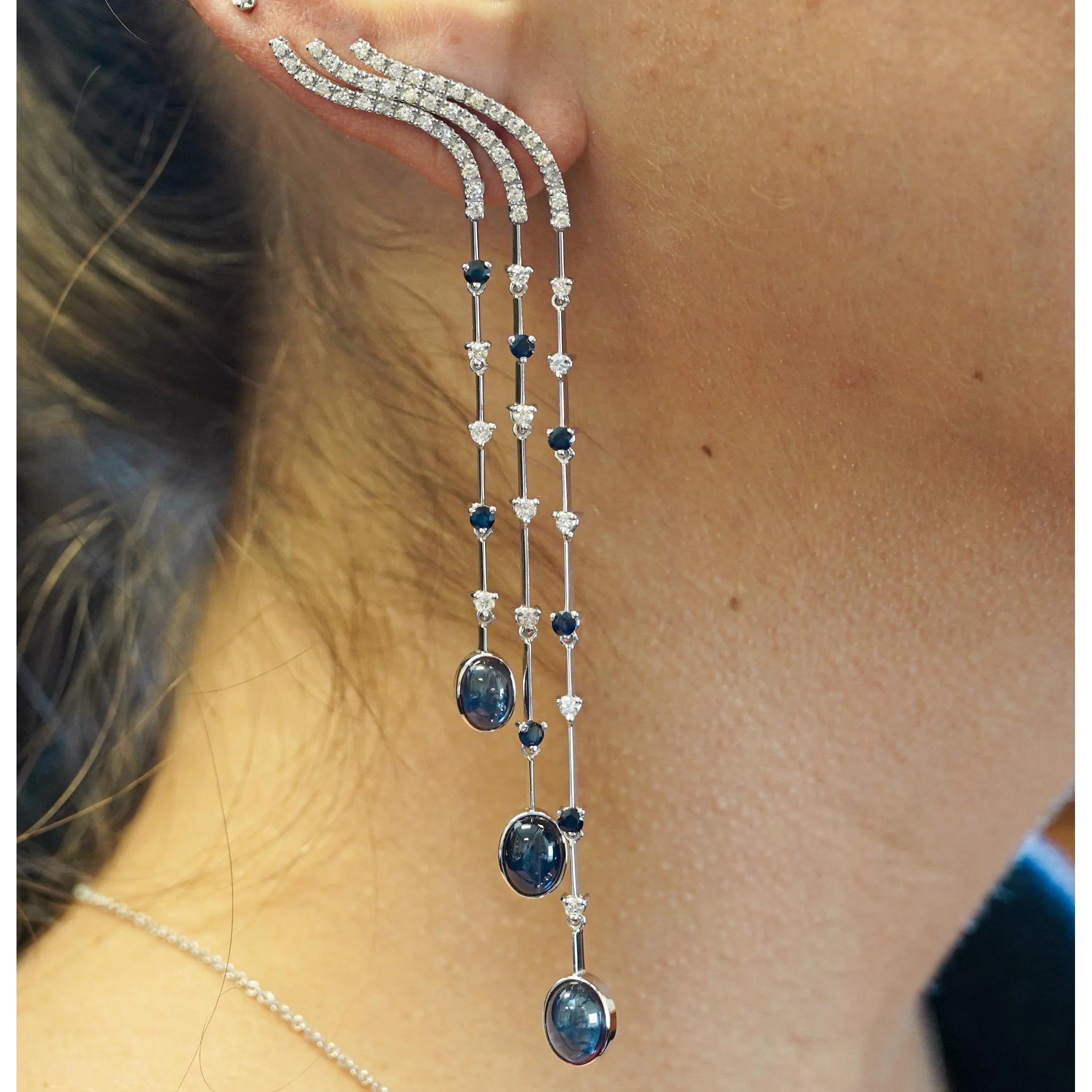 10 Carat Blue Sapphire & Diamond Dangle Drop Ear Climb Chandelier Earrings - Image 6