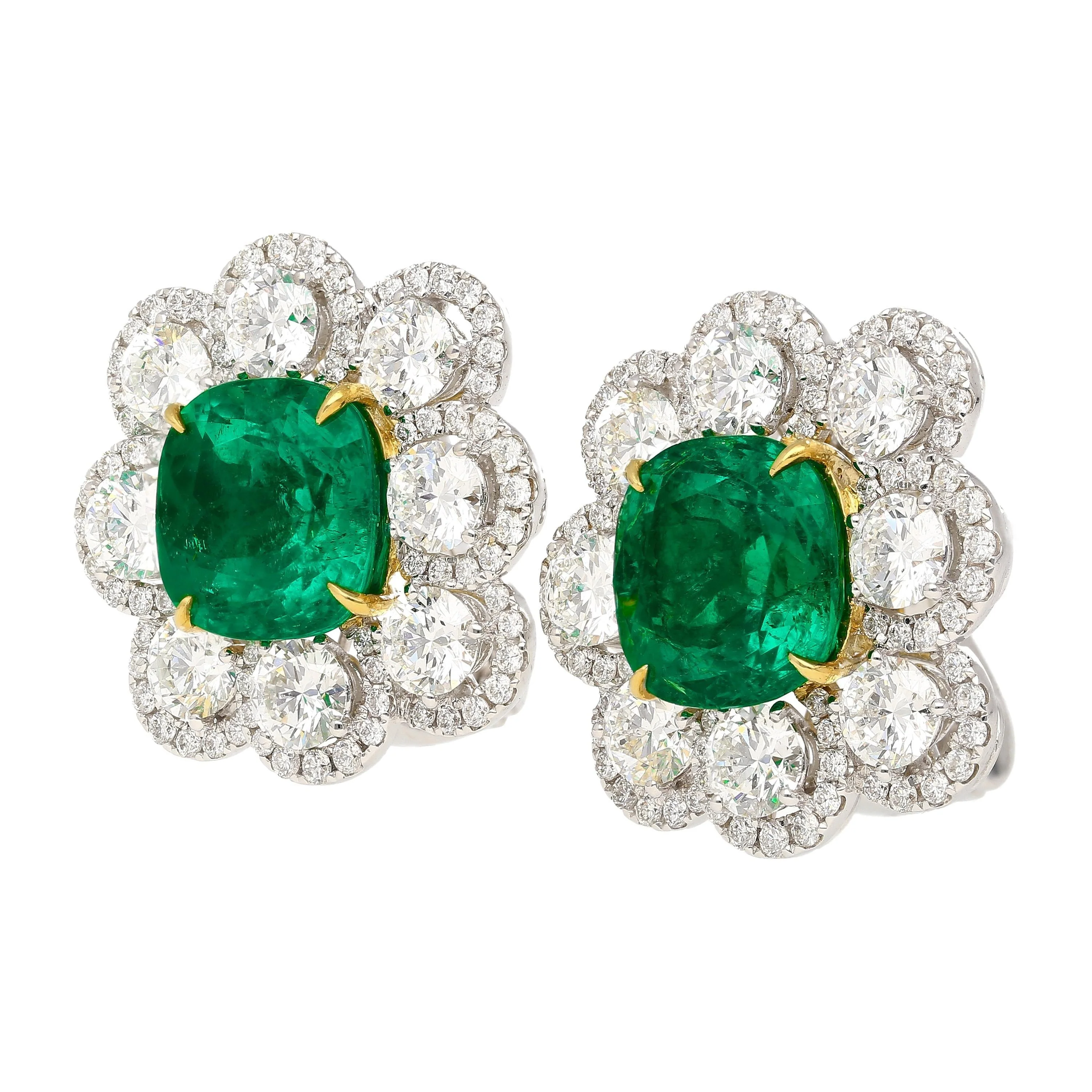10 Carat Colombian Emerald GRS Certified Cushion Cut Minor Oil Diamond Earrings - Image 4