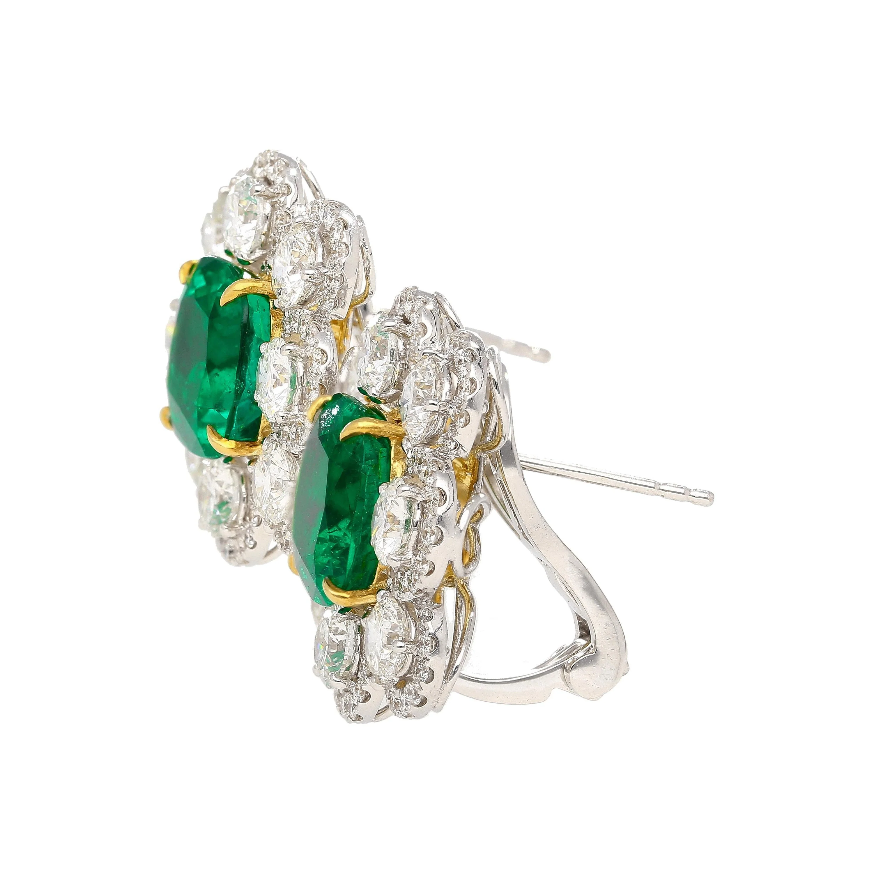 10 Carat Colombian Emerald GRS Certified Cushion Cut Minor Oil Diamond Earrings - Image 6