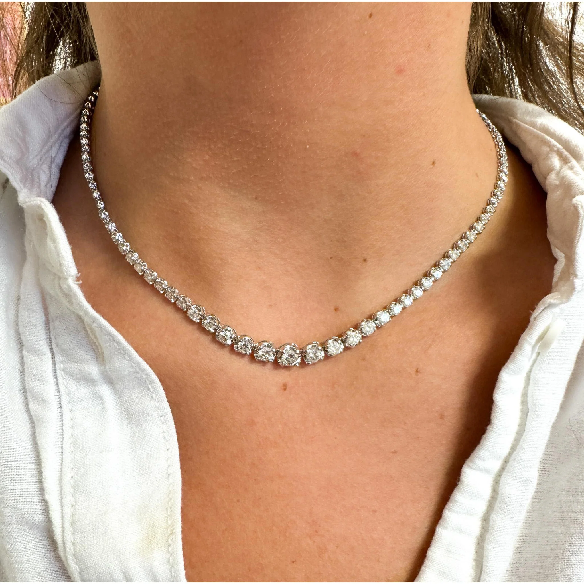 10 Carat Natural Diamond Graduated Tennis Necklace 18K White Gold 16.5 Inches - Image 5