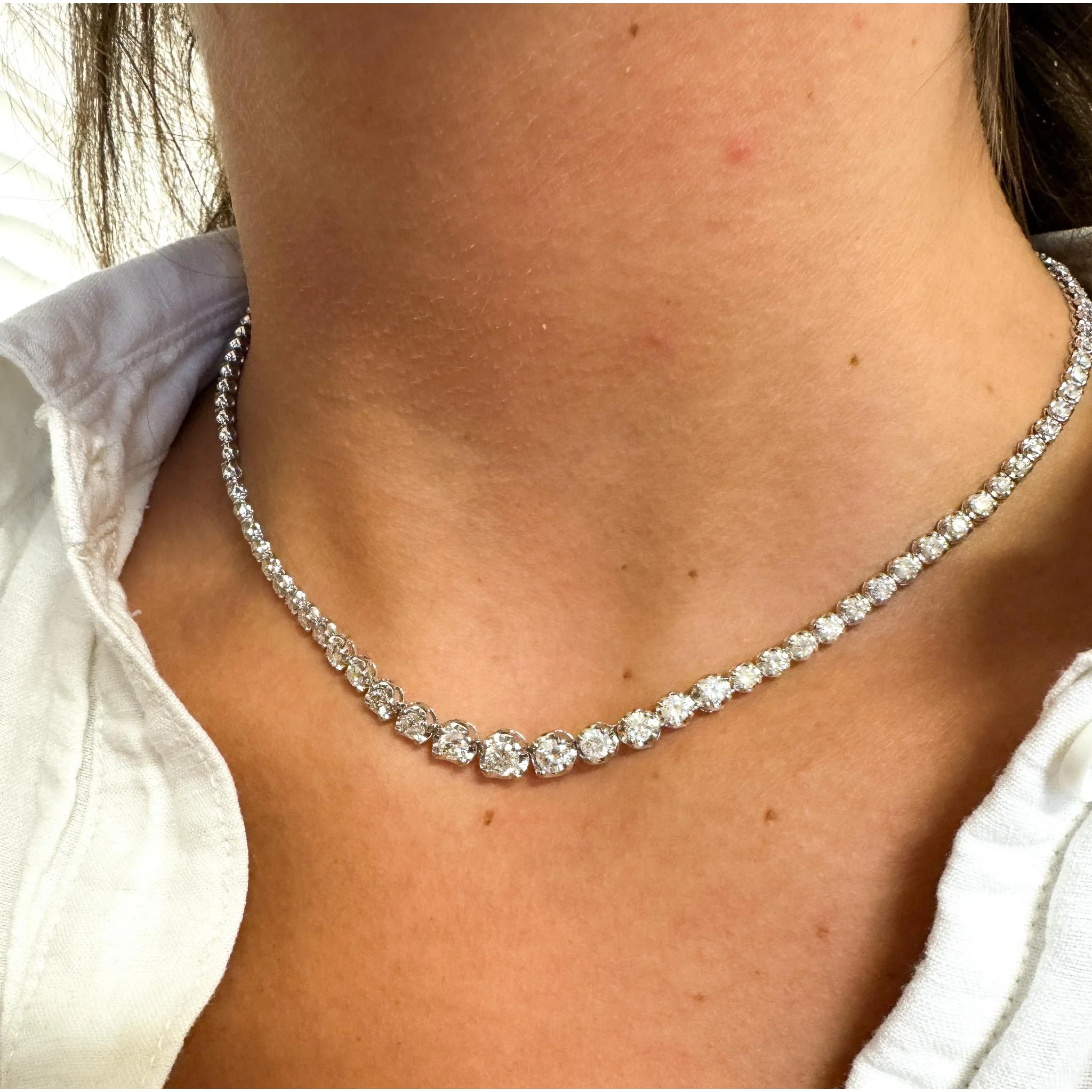 10 Carat Natural Diamond Graduated Tennis Necklace 18K White Gold 16.5 Inches - Image 6