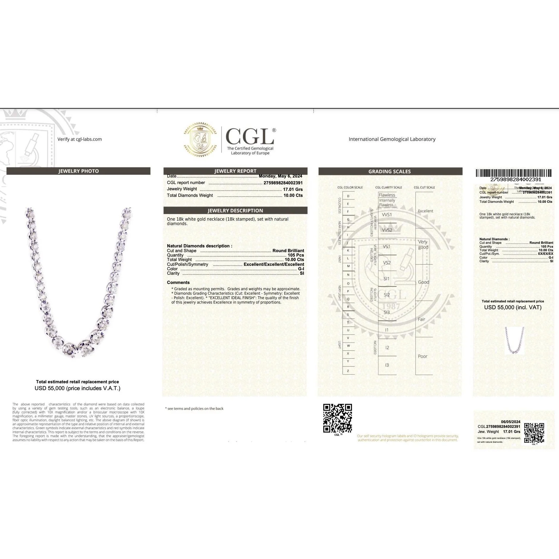 10 Carat Natural Diamond Graduated Tennis Necklace 18K White Gold 16.5 Inches - Image 7