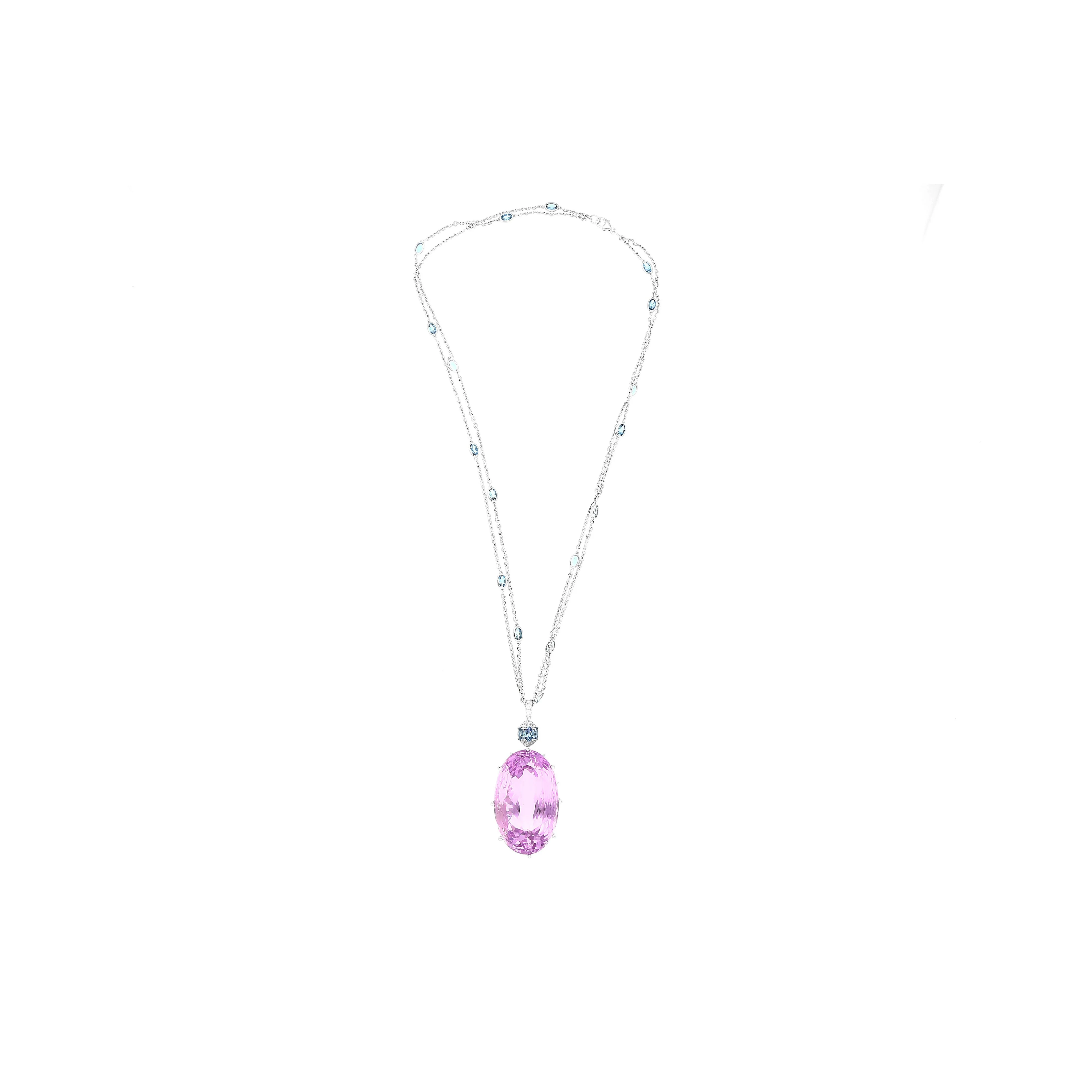 100 Carat Oval Cut Pink Kunzite with Aquamarine & Diamond Pendant in 18K White Gold - Image 2