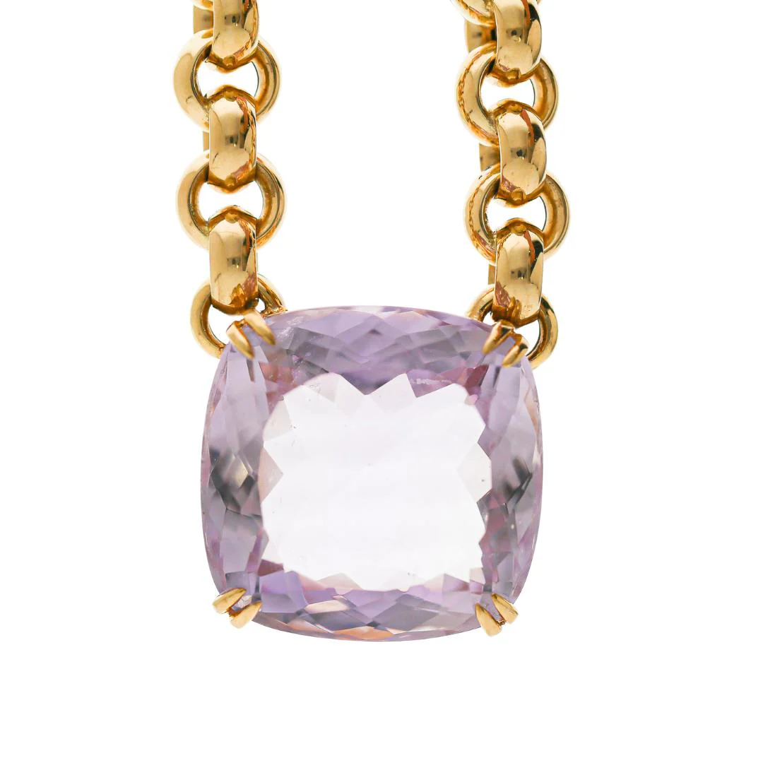 106.63 Carat Pink Amethyst Cushion 18K Gold Solitaire Chain Necklace