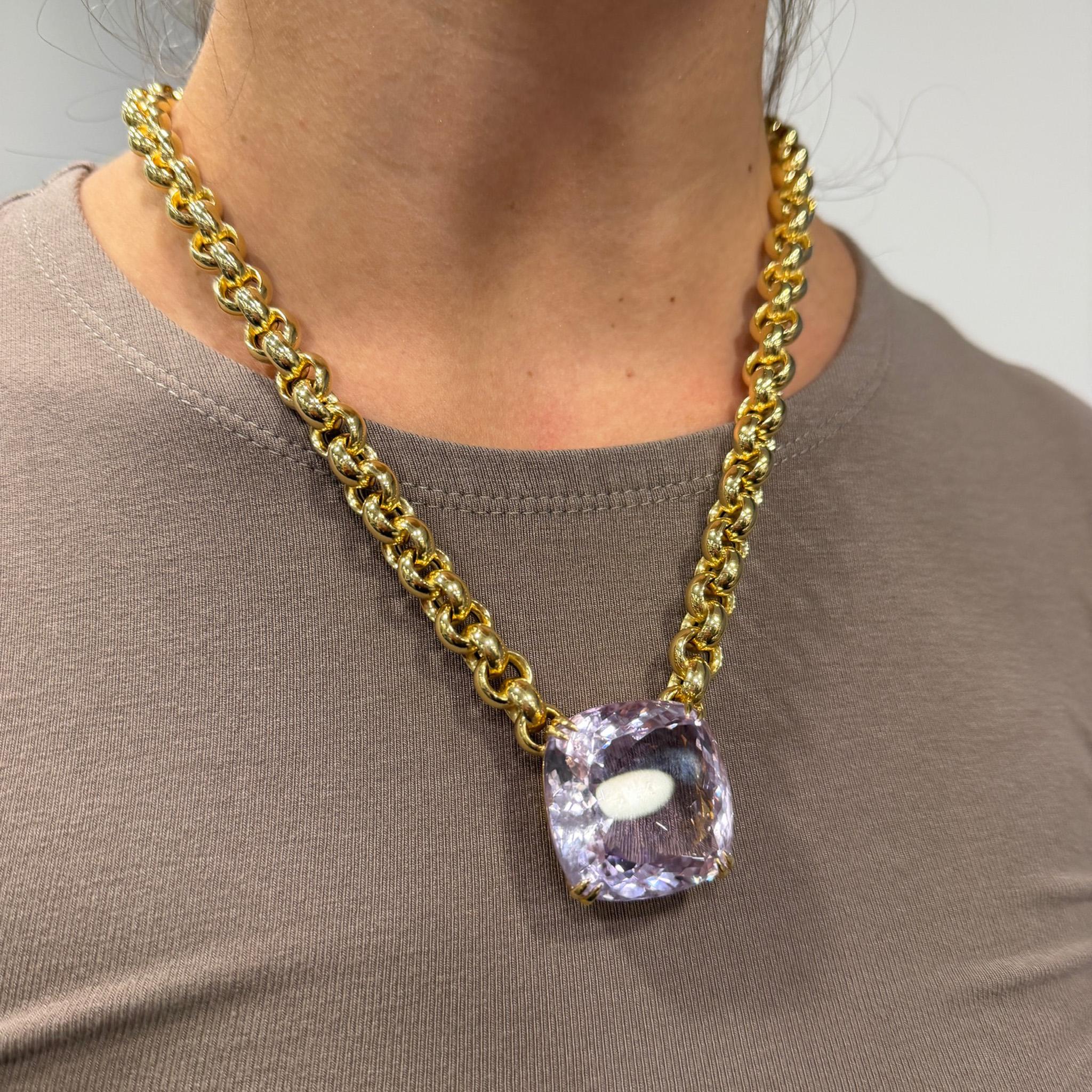106.63 Carat Pink Amethyst Cushion 18K Gold Solitaire Chain Necklace - Image 10