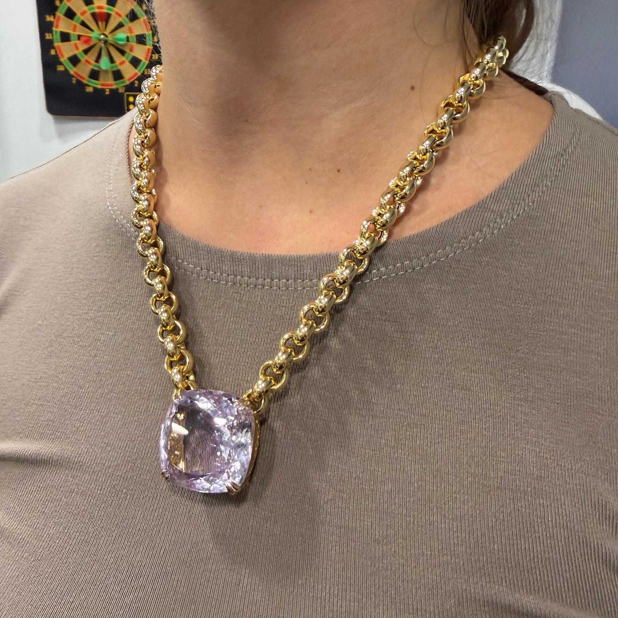 106.63 Carat Pink Amethyst Cushion 18K Gold Solitaire Chain Necklace - Image 9