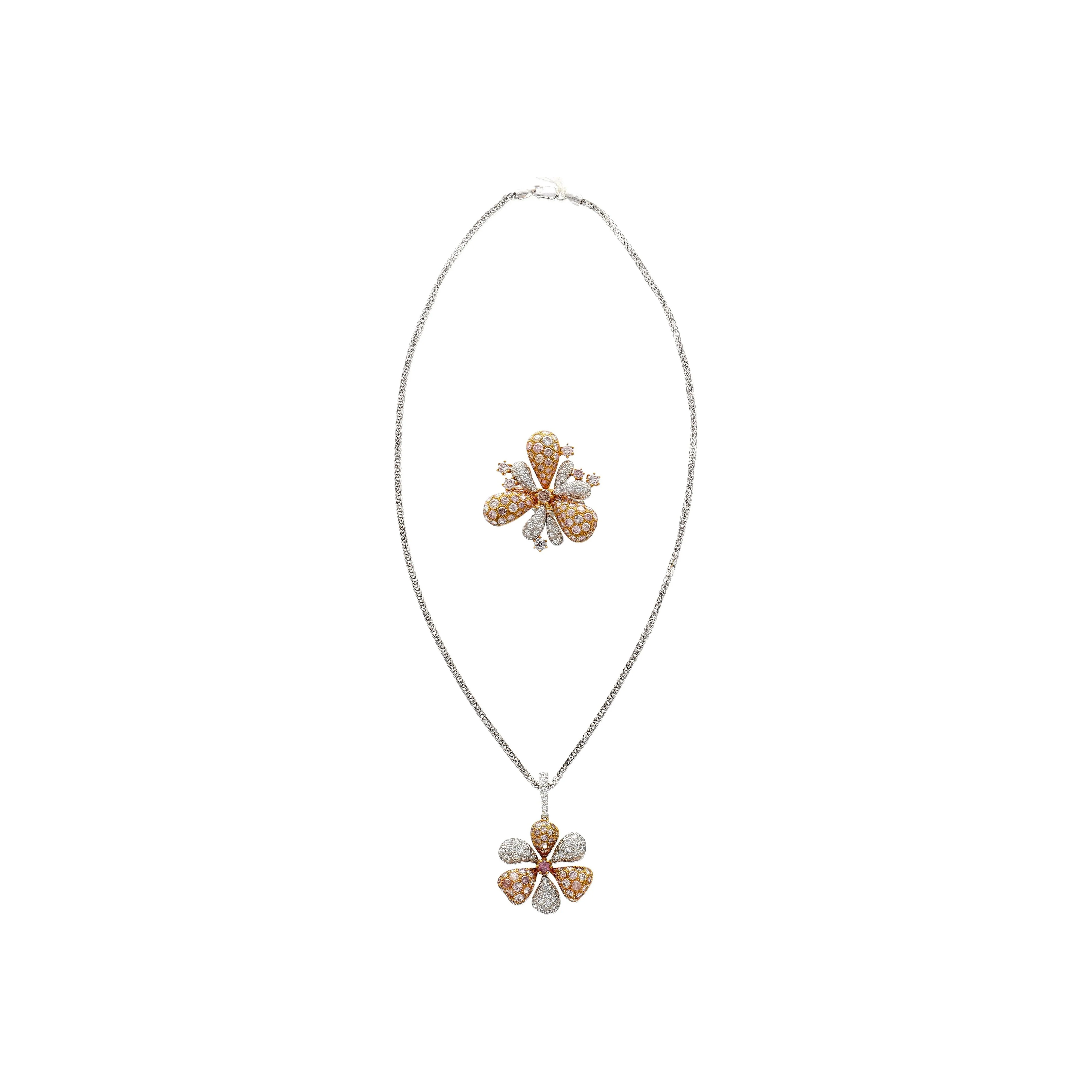 11.9 Carat Pink and White Diamond Pendant Necklace and Ring Flower Motif Jewelry Set in 18K Rose & White Gold