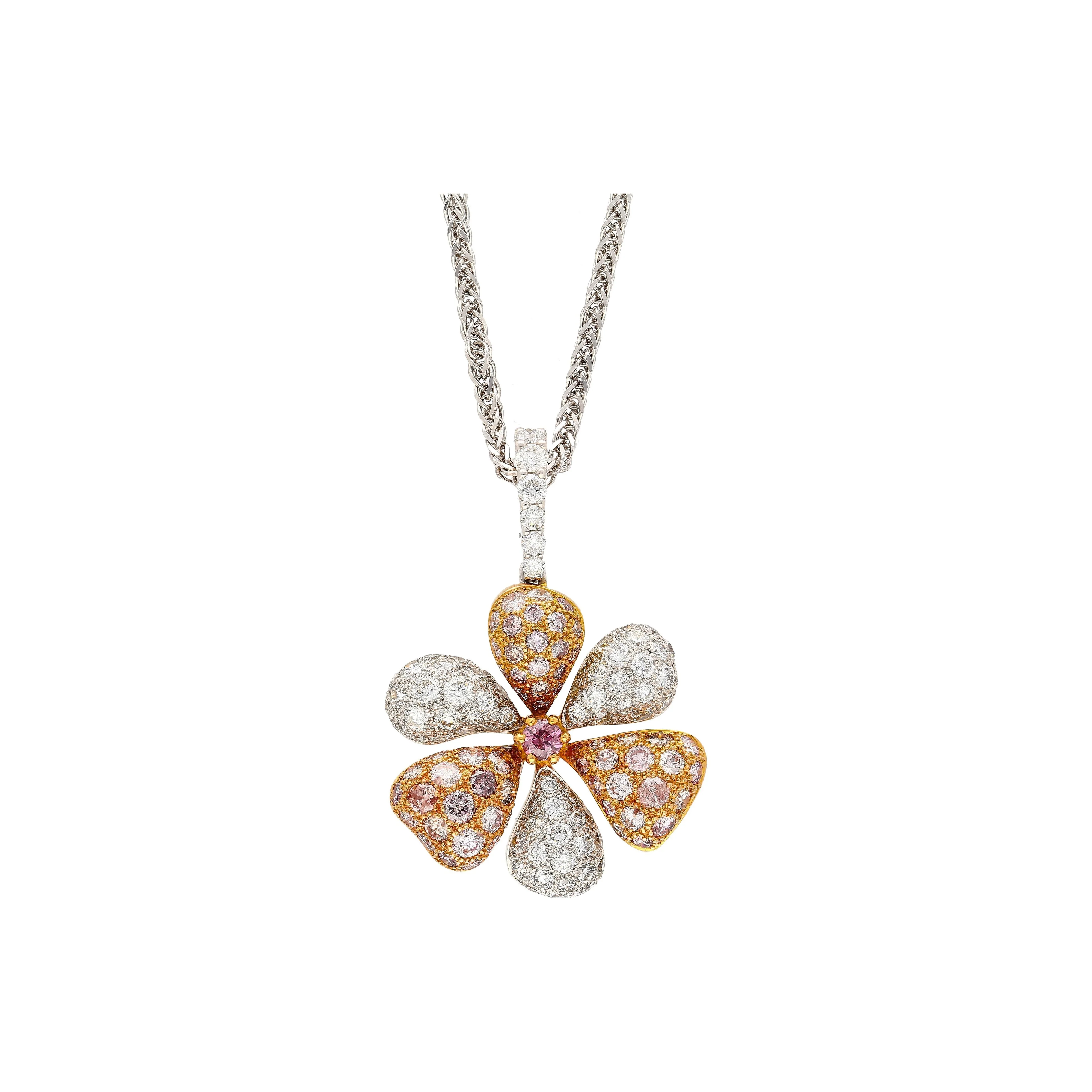 11.9 Carat Pink and White Diamond Pendant Necklace and Ring Flower Motif Jewelry Set in 18K Rose & White Gold - Image 3