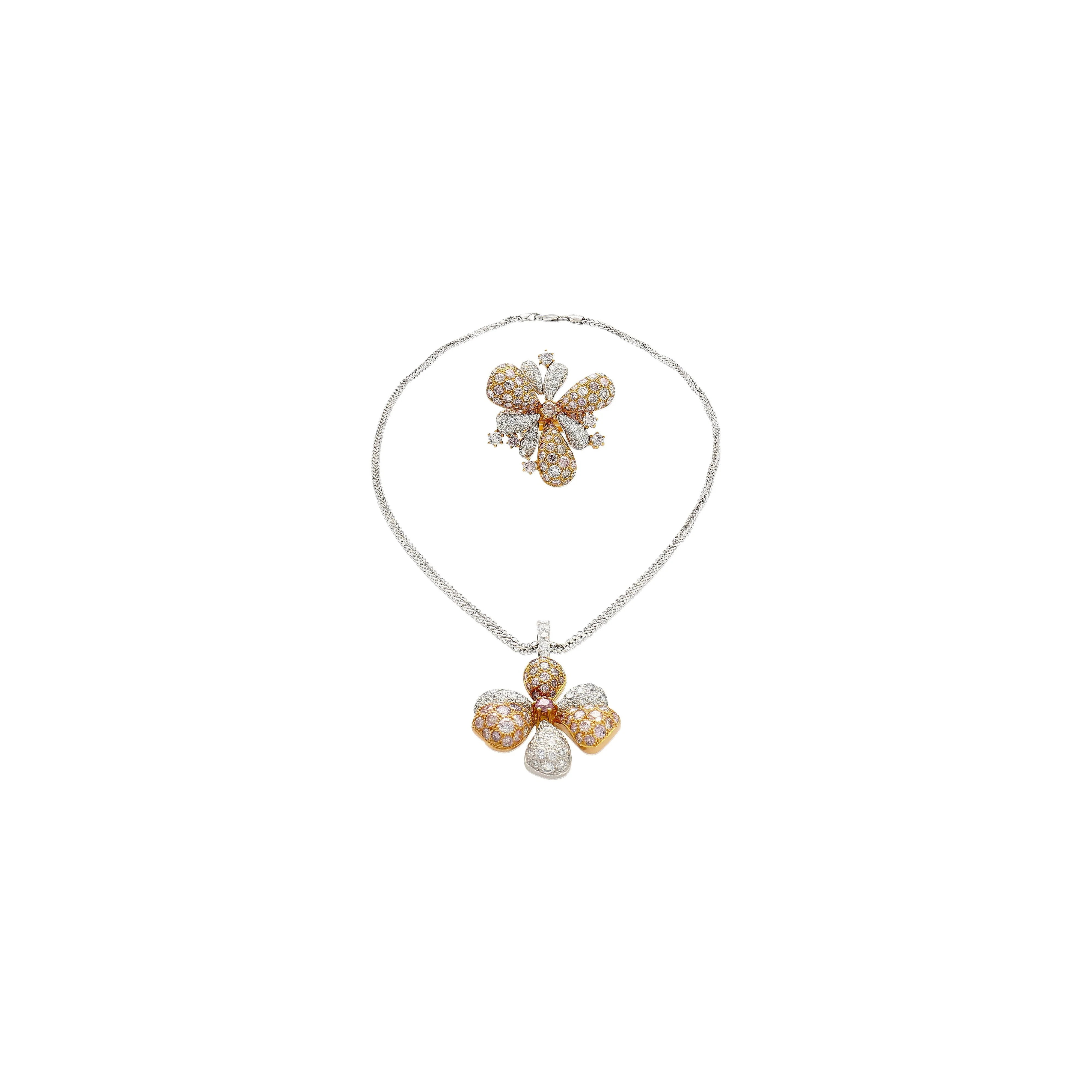 11.9 Carat Pink and White Diamond Pendant Necklace and Ring Flower Motif Jewelry Set in 18K Rose & White Gold - Image 4