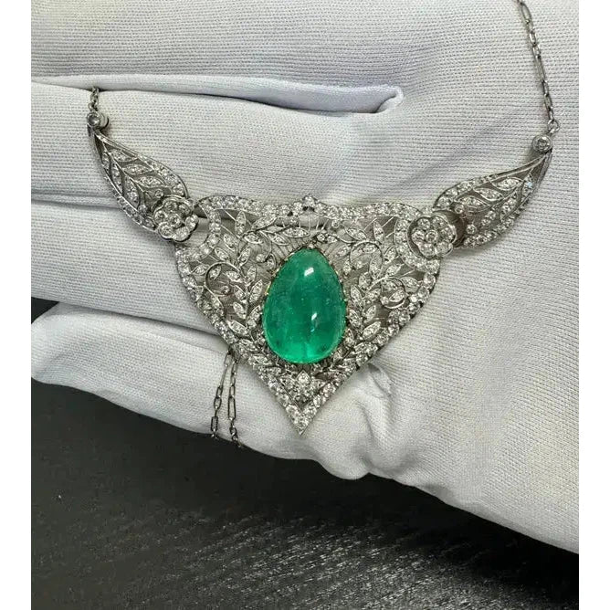 11ct Cabochon Drop Emerald Diamond Floral Platinum Necklace - Image 10