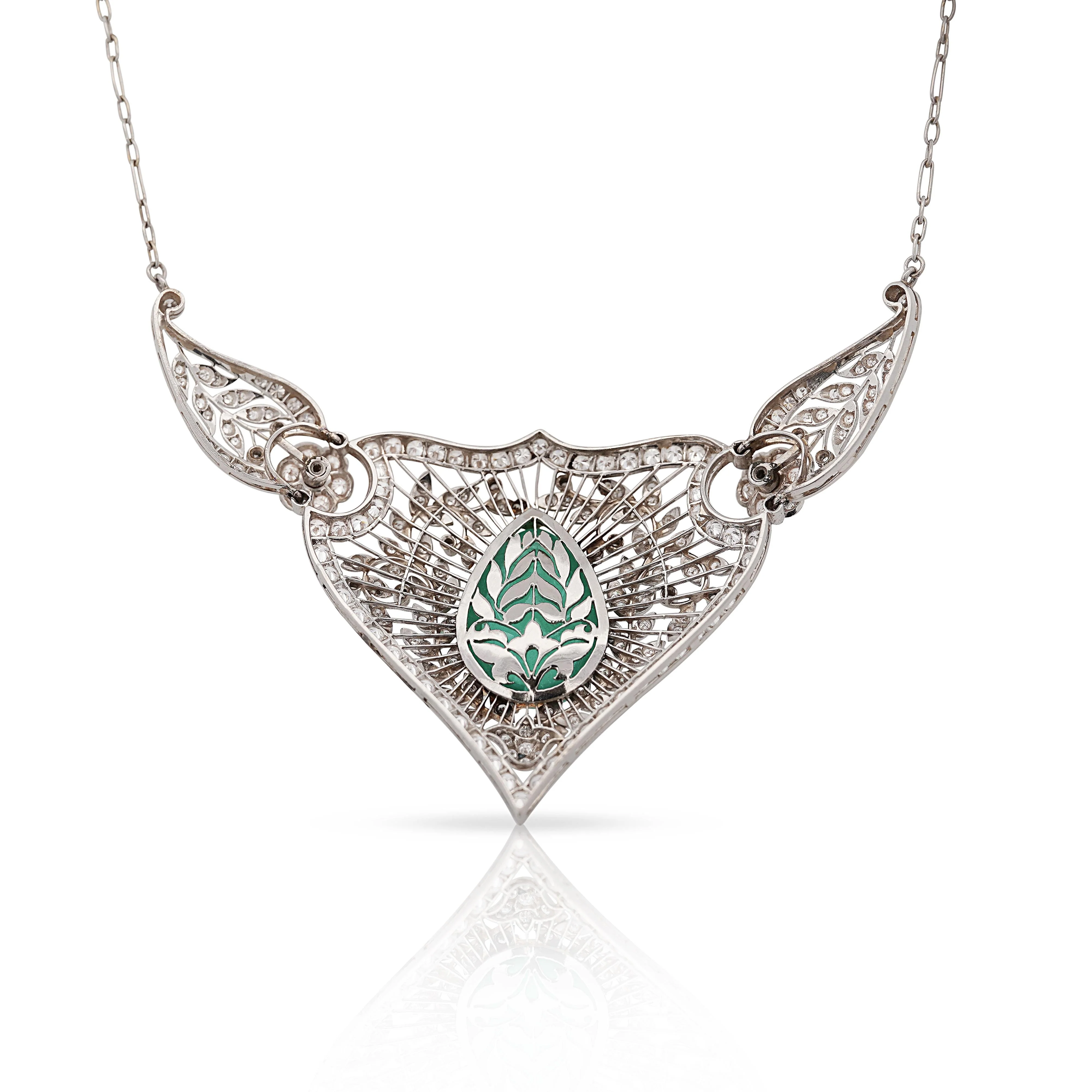 11ct Cabochon Drop Emerald Diamond Floral Platinum Necklace - Image 6